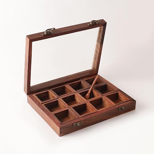 Miniatura 6 de Maru 10.25 x 8 x 2 pulgadas, caja de especias y cuchara de madera Masala Dabba caja de almacenamiento de especias con tapa, caja de especias de