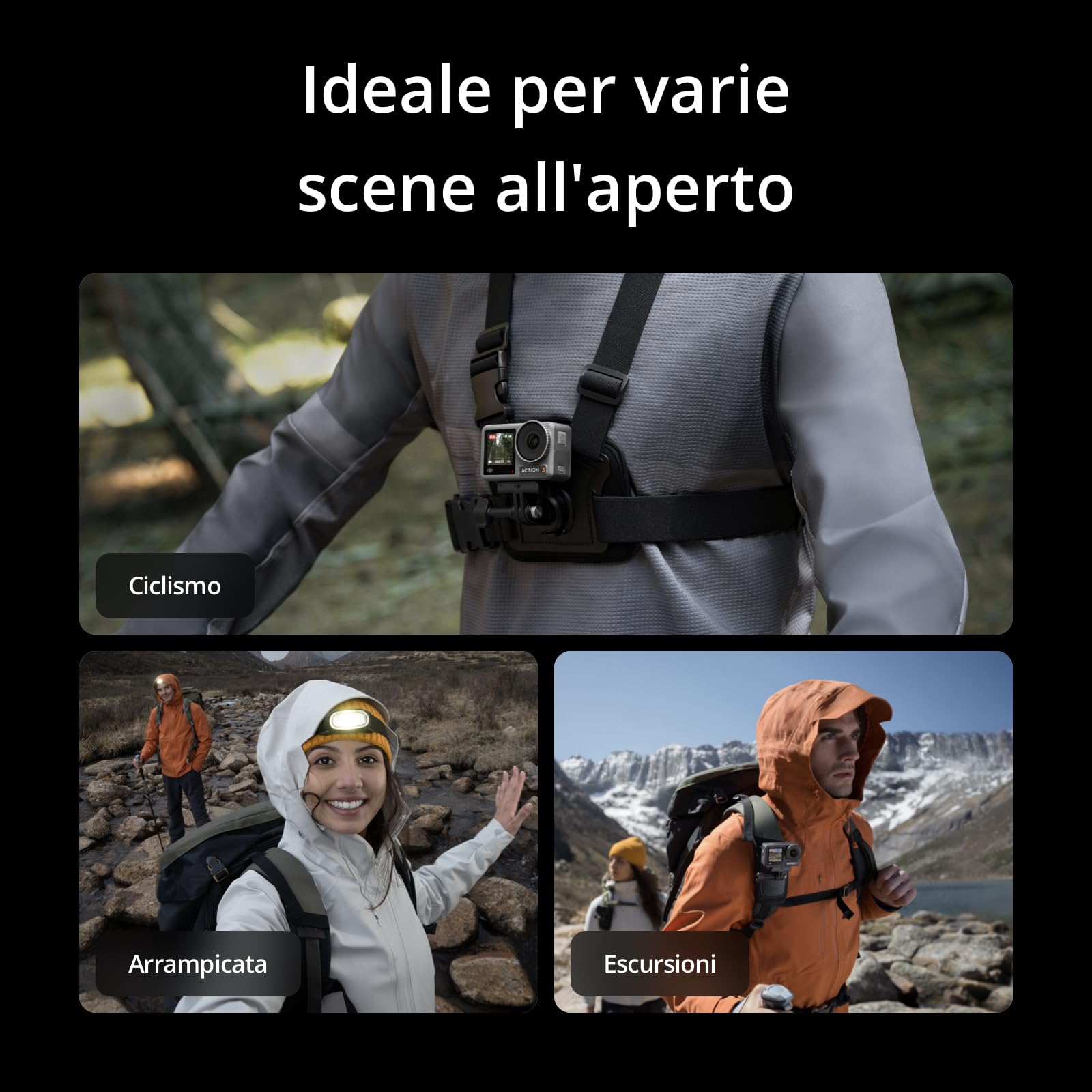 DJI Osmo Action 3 Outdoor Combo - Action cam 4K/120 fps con cintura pettorale e da zaino per escursioni e ciclismo, FOV ampissimo, HorizonSteady, resistente al freddo, fino a 320 min con 2 batterie