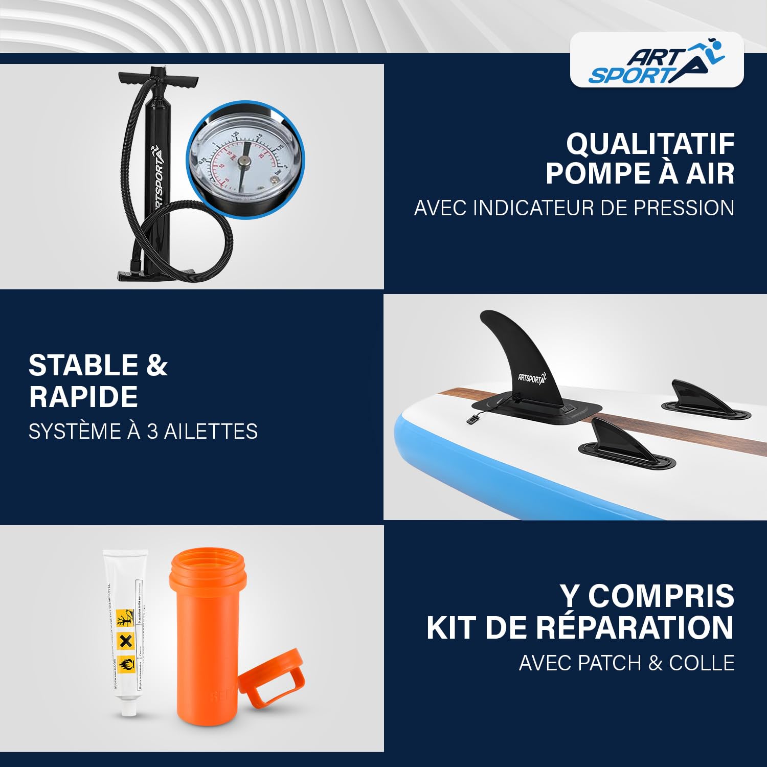 ArtSport Planche de Stand Up Paddle en kit Gonflable 320 cm – 150 kg – Leash, Pompe, pagaie, Sac et Accessoires – Planche de Sup