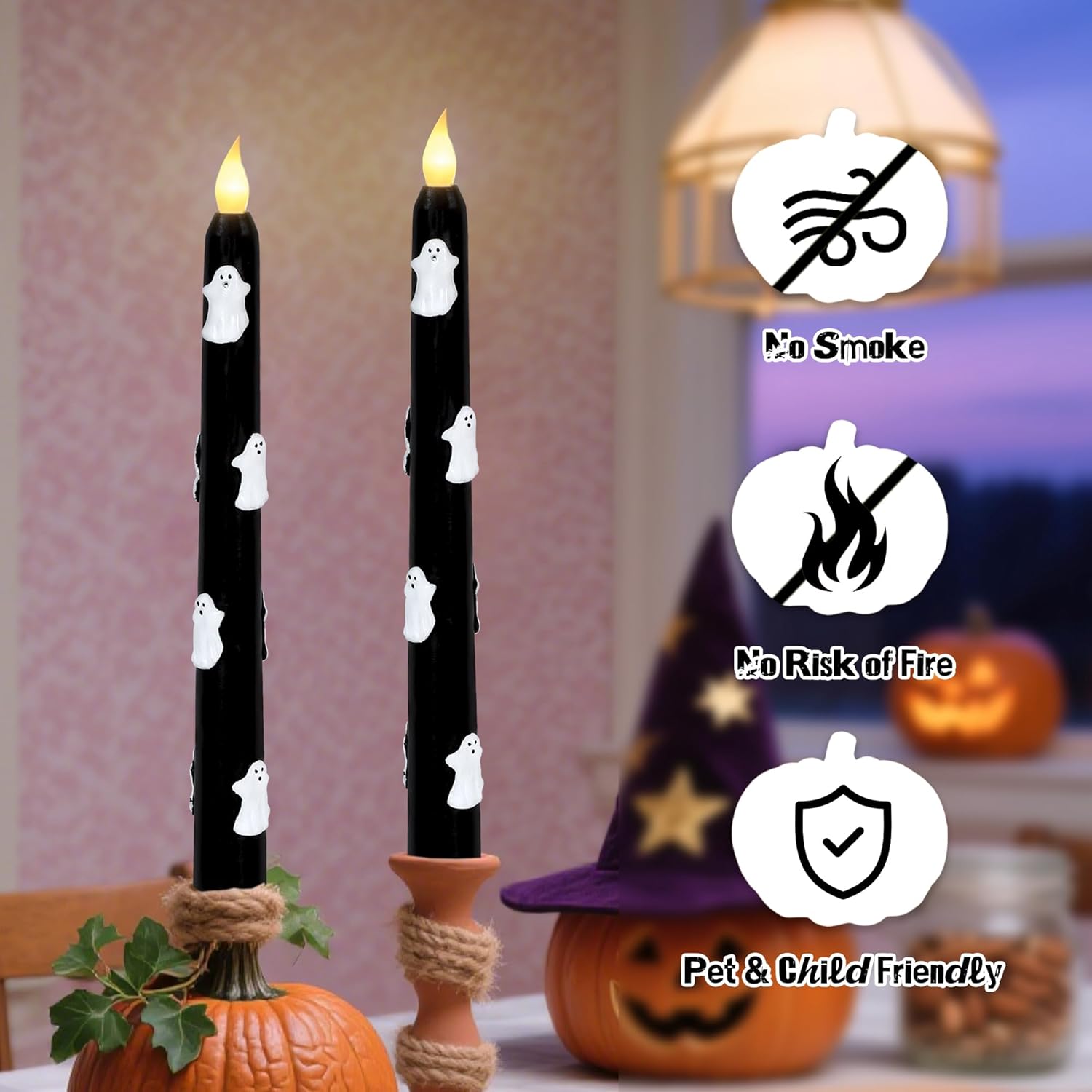 Impress Life Halloween Flameless Taper Candles with Remote Battery Operate Black Wax LED Flickering Candlesticks with Carved White Ghosts for Halloween Spooky Horror Decor, Set of 2