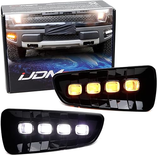 iJDMTOY Kit de luces antiniebla LED DRL para parachoques delantero, color blanco/ámbar, secuencial, compatible con Ford Raptor 2010-2014, conjunto