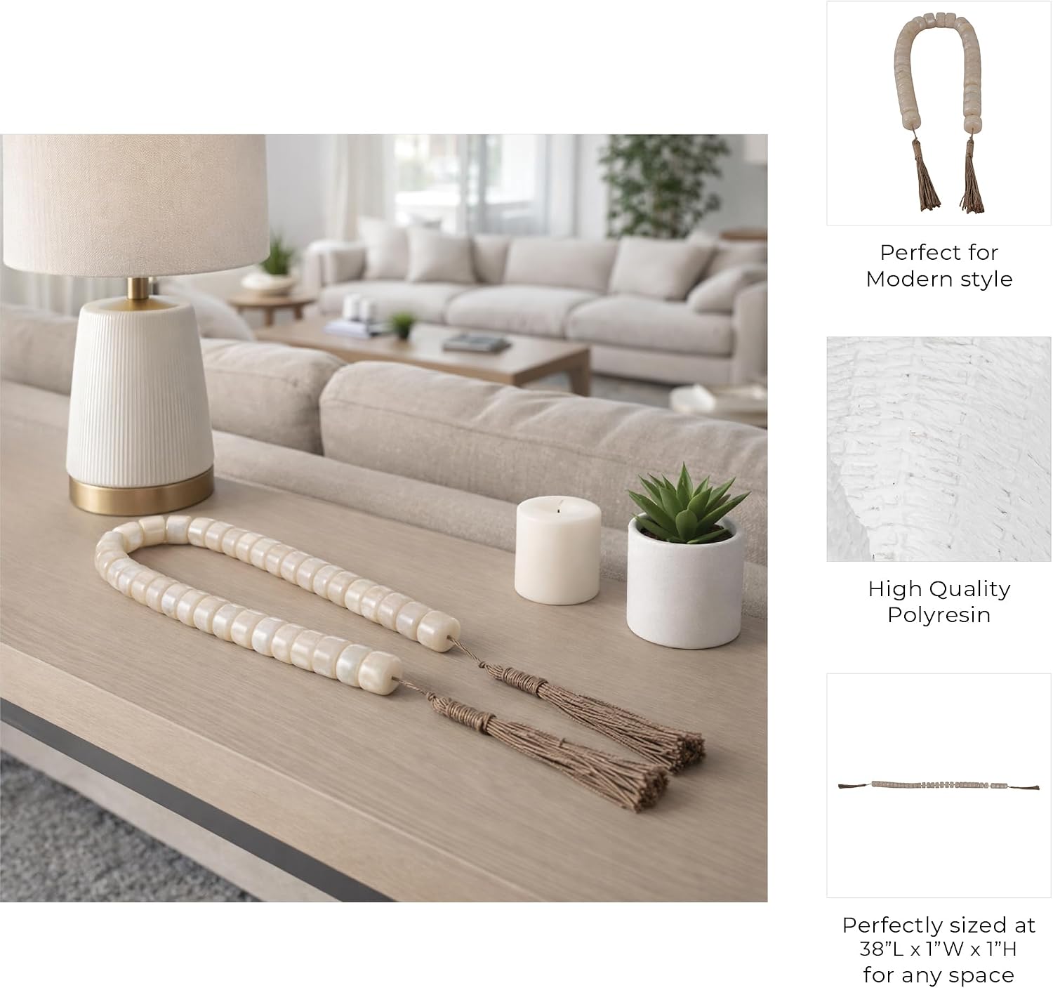 Slim Beaded Garland Accent with Jute Tassels for Home Decor - Modern Bathroom, Office, and Living Room Styling - Decorative Ornaments for Shelf and Coffee Table Decor - 1", Ivory & Tan