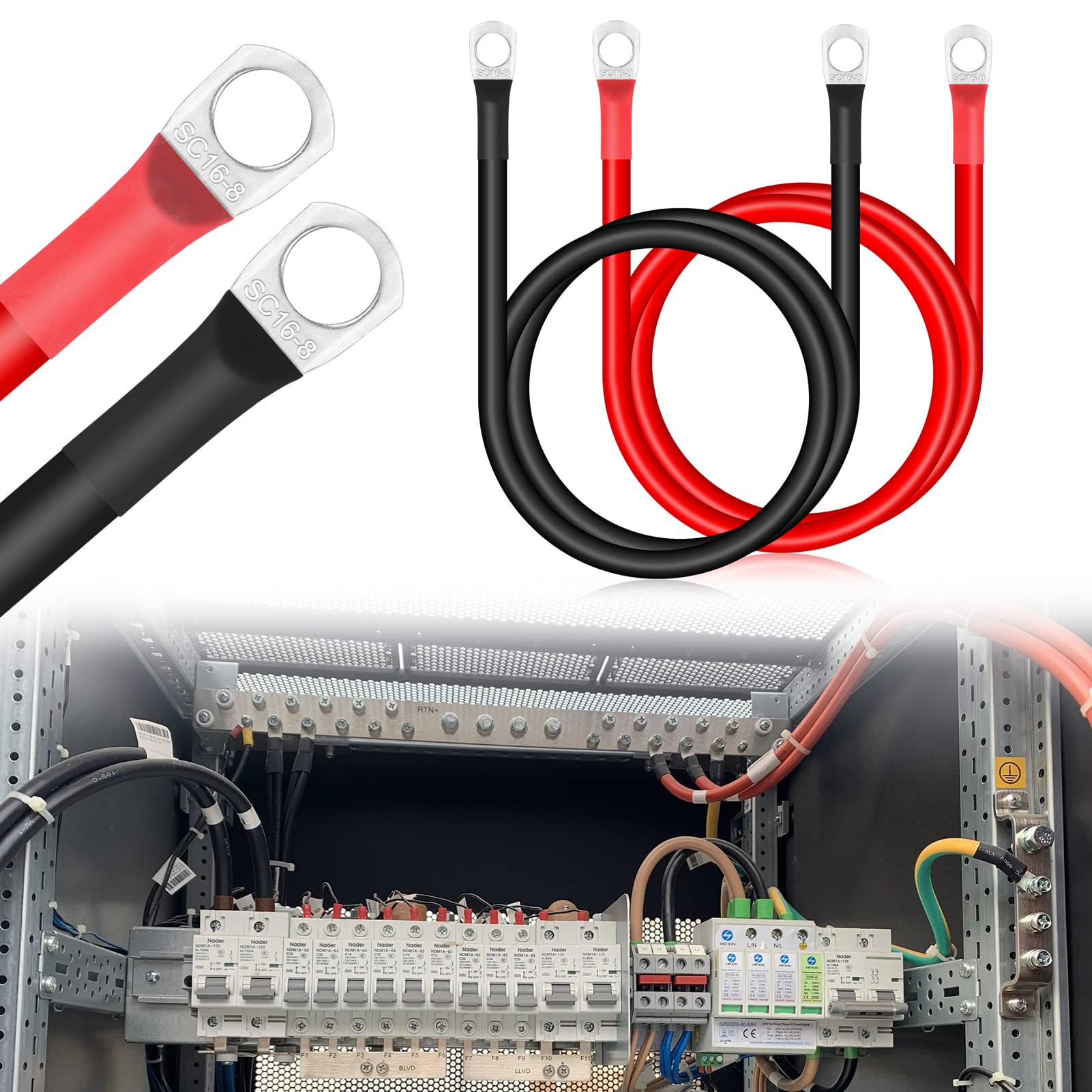 Zocipro 2Pcs 70cm Cavi Batteria Auto, 12V 16mm² Cavo Inverter Batteria, M8 5AWG Cavo Batteria Rossi e Neri Cavo del Veicolo in Filo di Rame per Auto, Camion, Camper, Marina
