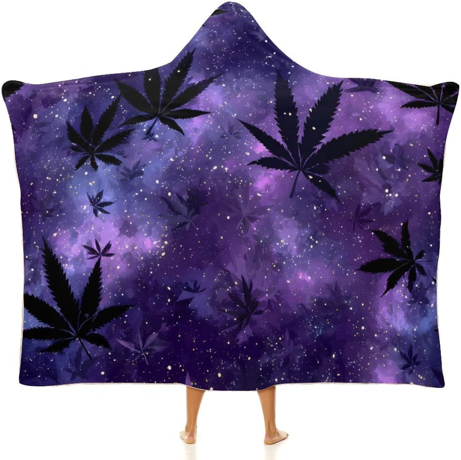 Galaxy Weed Leaf Wearable Blanket Oversized Throw Cape | Cozy Hooded Blanket Gifts for Women Men