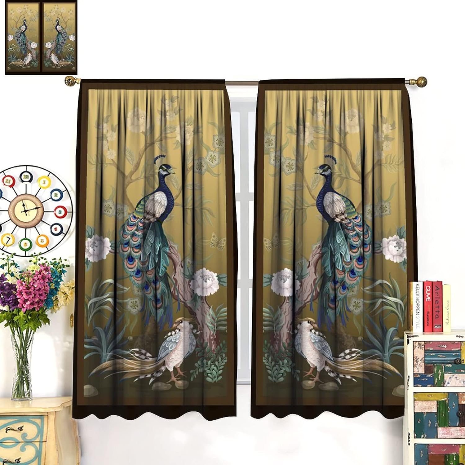 JESTRONRY Peacock Peony Curtains,Vintage Asian Chinese Style Japanese Decor Blackout Window Door Curtains for Bedroom Living Room Dining Room Decor,2 Panels W42xL45in
