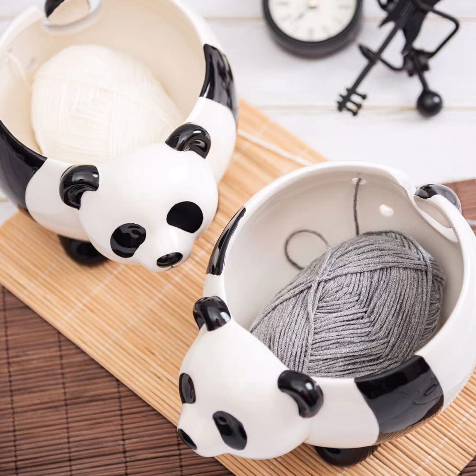 Keramik-Garnschale, Panda-Strickwolle für Strick- und Häkelprojekte, handgefertigte Wollschale, schützt Wolle und verhindert Verheddern, 19,8 x 10,7 cm Schwarz, M