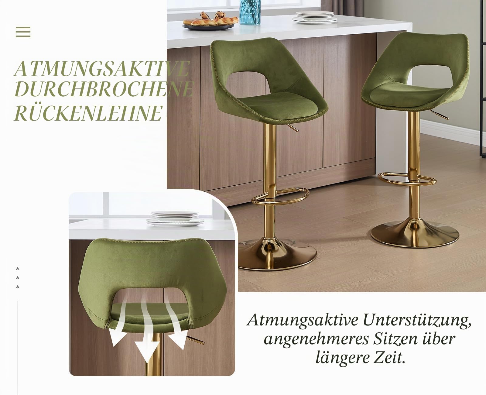 Ya-Home Barhocker 2er Set, Barstühle höhenverstellbar, Küchenhocker 360° drehbar, Tresenhocker mit Rückenlehne, goldene Fußstütze, Samt, Grün