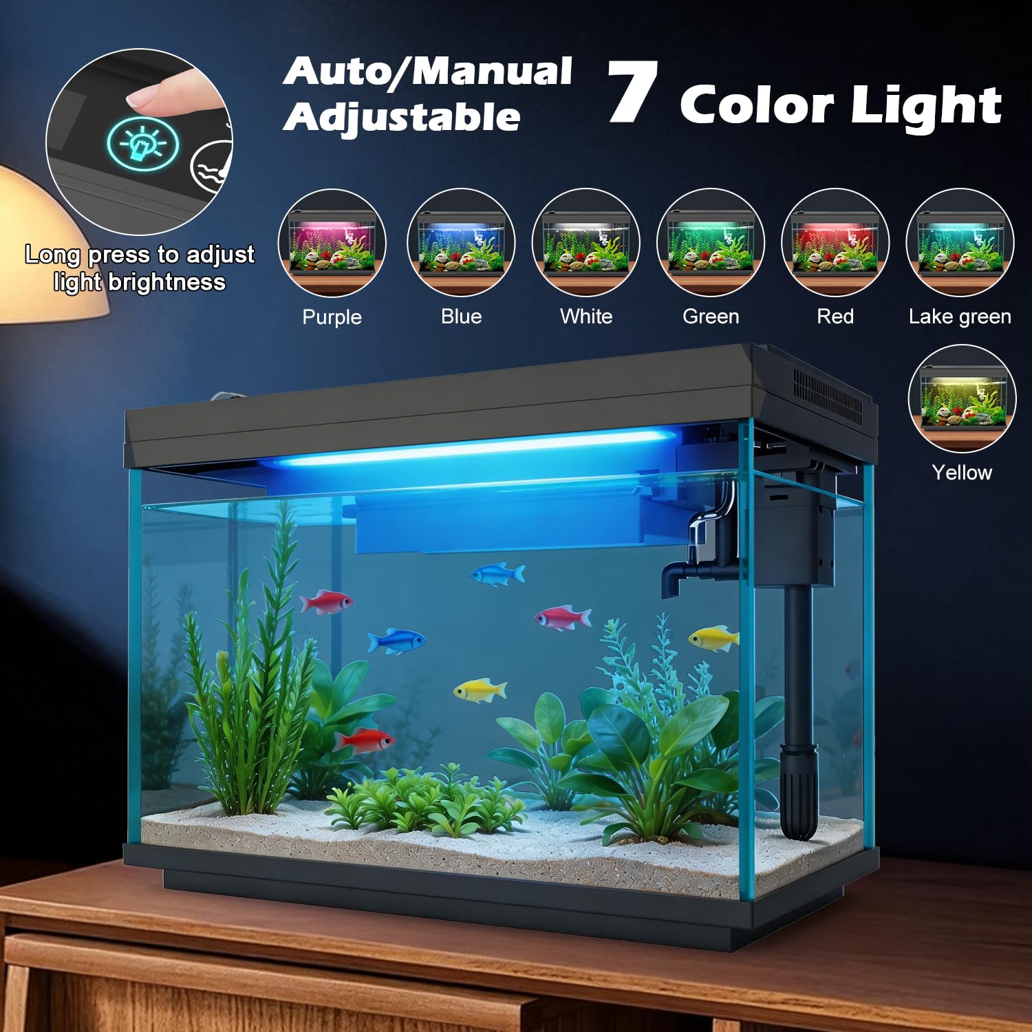 Smart Aquarium - Acquario in vetro da 5 galloni con pompa dell'acqua silenziosa, sistema di autopulizia, filtro efficienza, luci LED a 7 colori, display automatico della temperatura, vetro HD