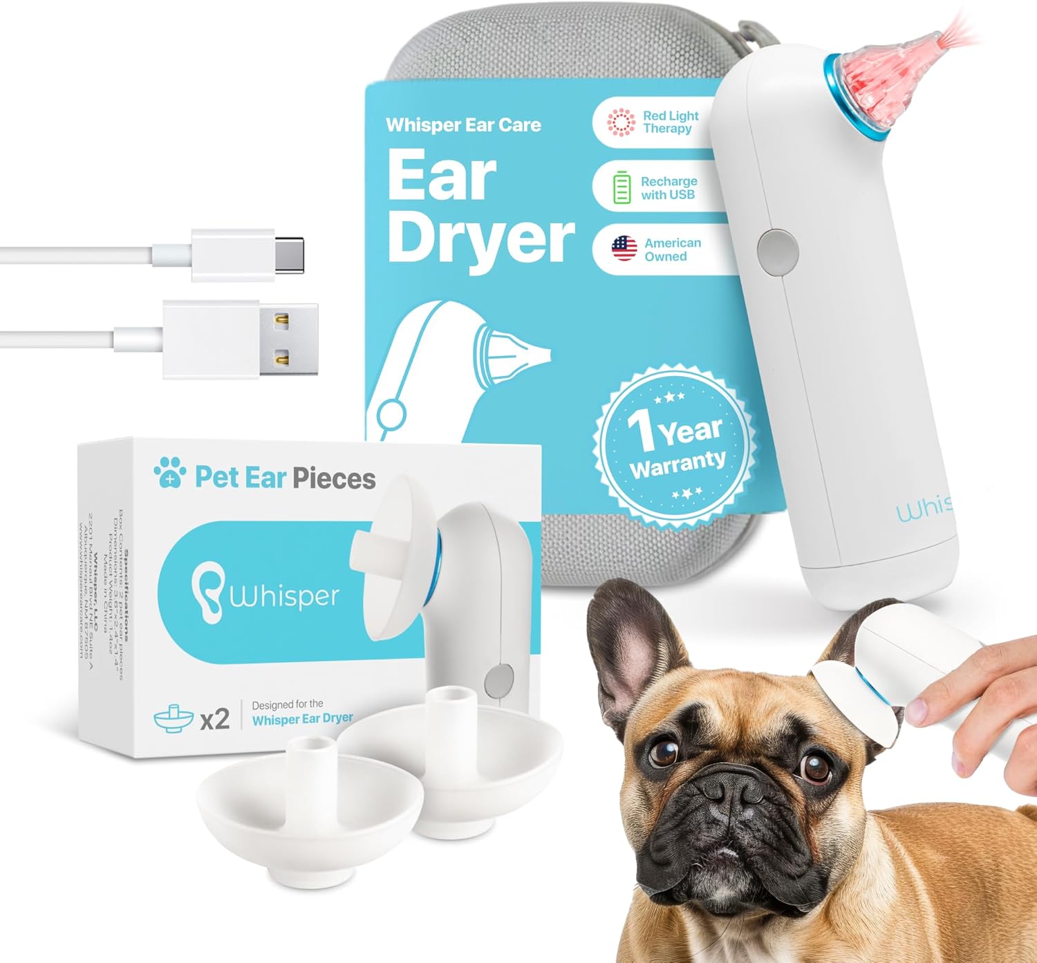 Pet Ear Care Kit | Ear Dryer with Pet Ear Pieces | Dog Ear Moisture Relief | Natural Dog Ear Drying Alternative | Cat & Dog Ear Care | Remove Water from Pet Ears After Swimming & Bathing