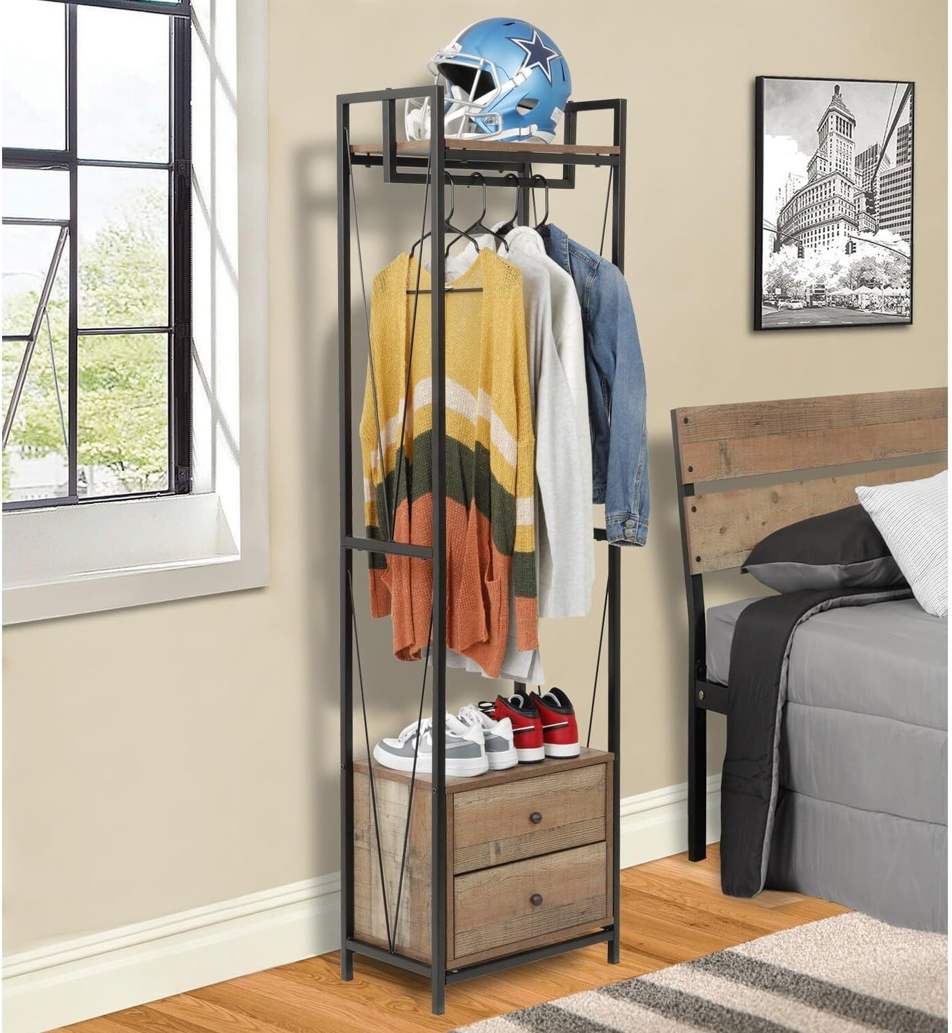 American Furniture Classics OS Home and Office Mountain Ridge Model 41414 Two Drawer Wadrobe Cabinet with Sturdy Clothing Hanger Rail and Black Metal Uprights and Rustic Reclaimed Barnwood Laminate