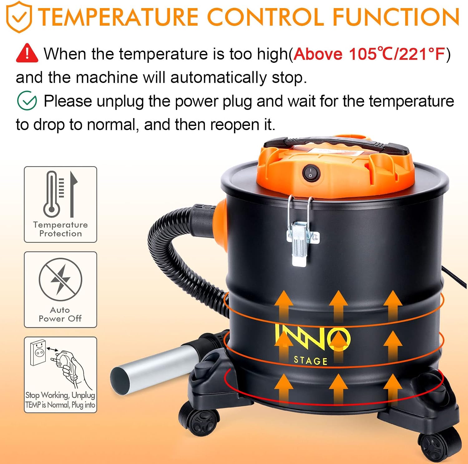 INNO STAGE Ash Vacuum Cleaner 5 Gallon with Wheeled Base, 1200W Powerful Suction Ash Vacuum, 96" Power Cord, Portable Style Ideal for Pellet Stoves, Wood Stoves, Bonfire Pits and BBQ Grills Orange