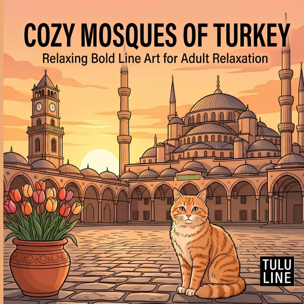 Cozy Mosques of Turkey: A Historic Architecture islamic Coloring Book for Adults: Relaxing Bold Line Art Featuring Hacı Bayram, Blue Mosque, Hagia ... Famous Landmarks with a Cute Cat and Pigeon