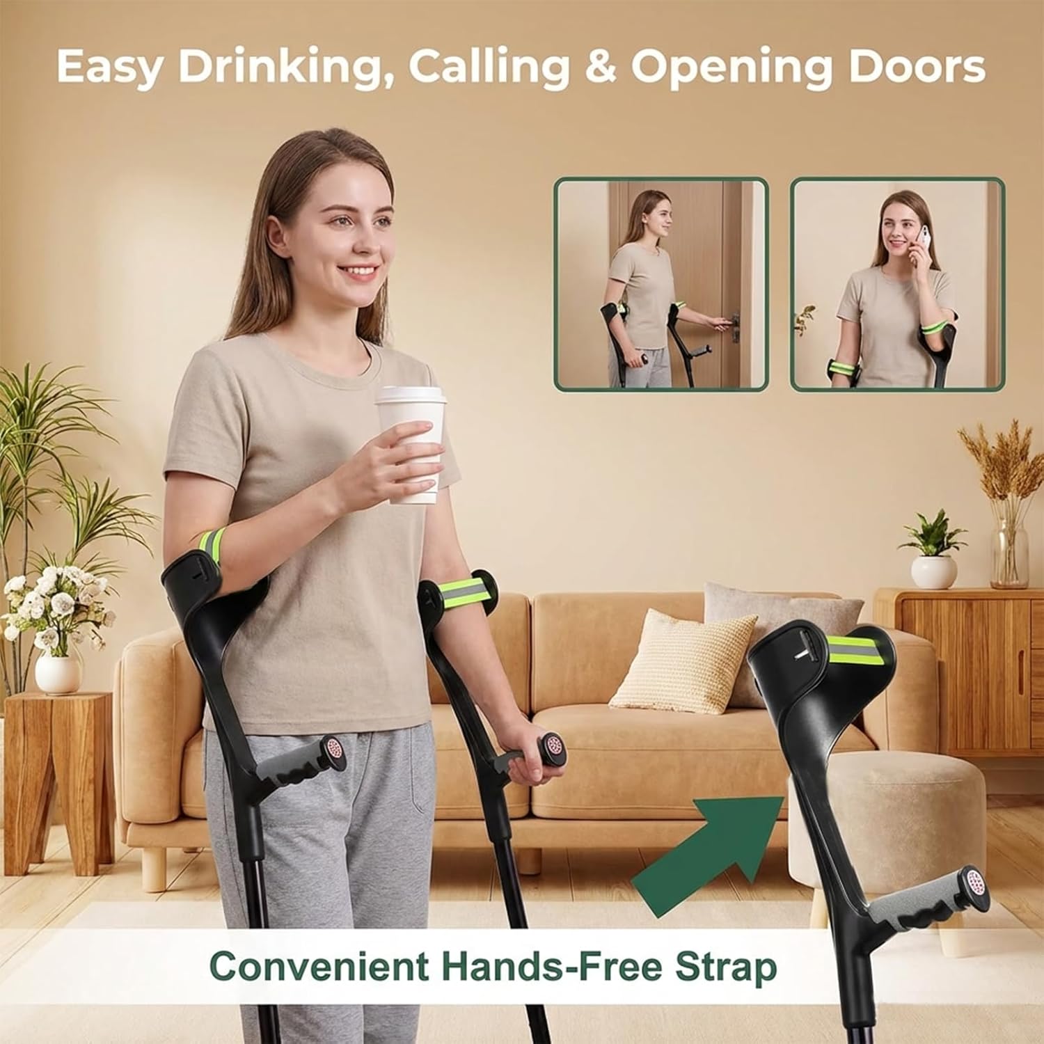 Forearm Crutches for Adults (A Pair), 10-Level Adjustable Lightweight Aluminum Arm Crutches Forearm for Adults, 300 lb Capacity Foldable Crutches for Adults with Anti-Drop Cuff & Reflective