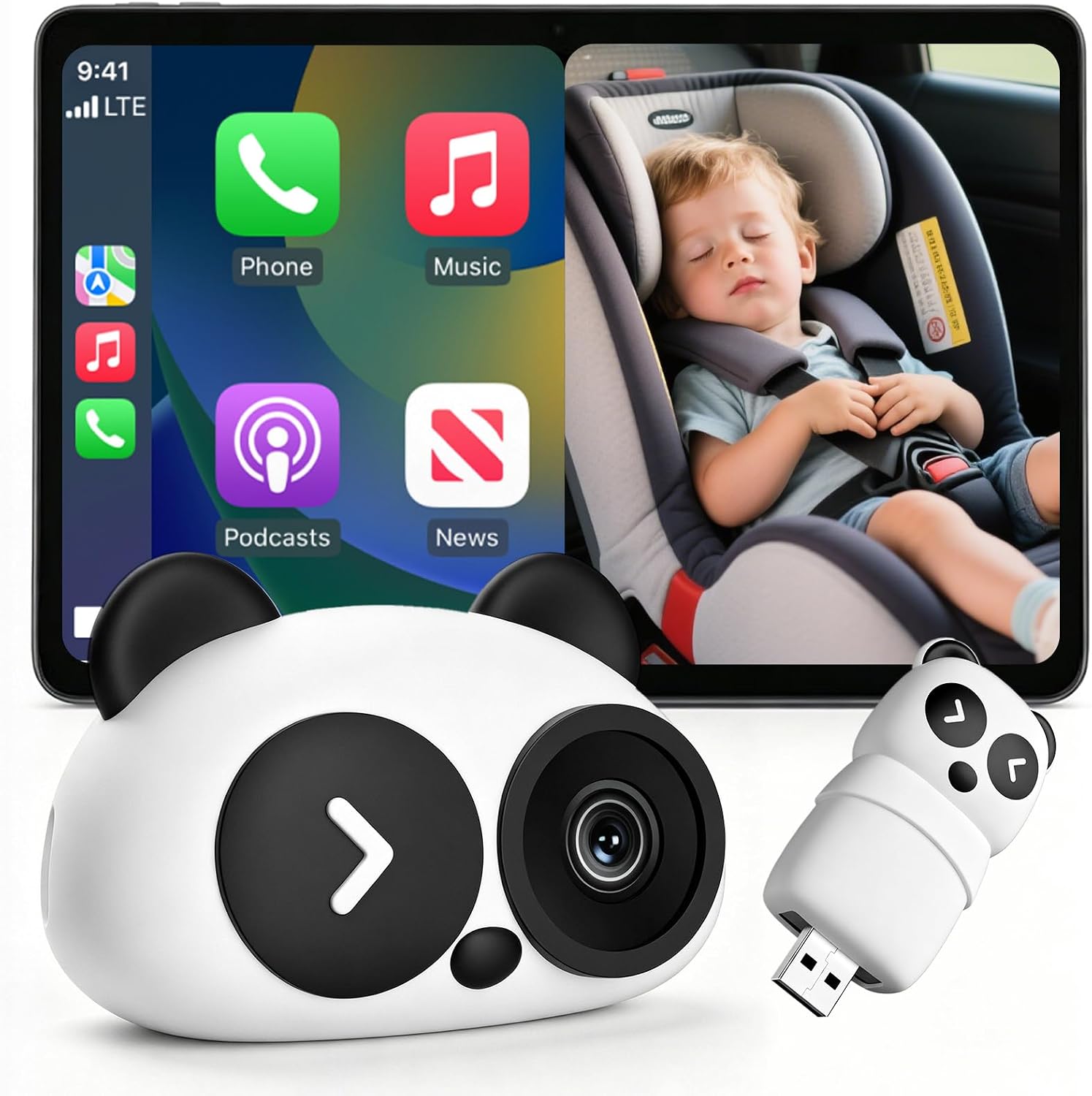 Cabin Care Wireless CarPlay Adapter with Baby Car Camera, Plug and Play Baby Monitor 1080P HD Real-Time Rear Seat View on Car Screen, Split Screen Mode, No Glow Night Vision, 150° Wide Angle