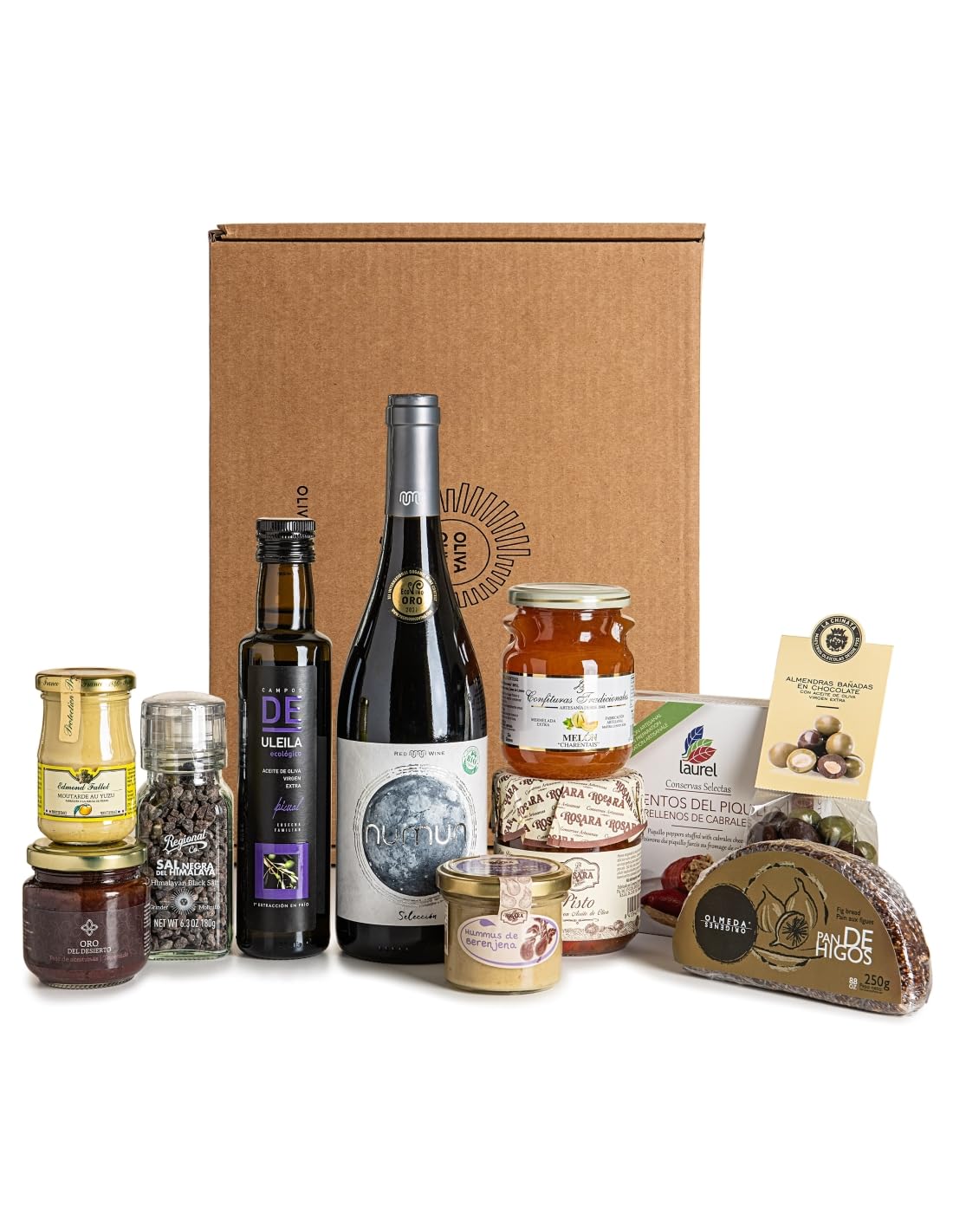 Cesta Gourmet Regalo OLIVA Veggie - Aceite de oliva virgen extra, Vino tinto, Paté de aceitunas, Pimientos del Piquillo, Hummus de berenjena, Mostaza, Sal negra, Mermelada de melón, Pan de higo...