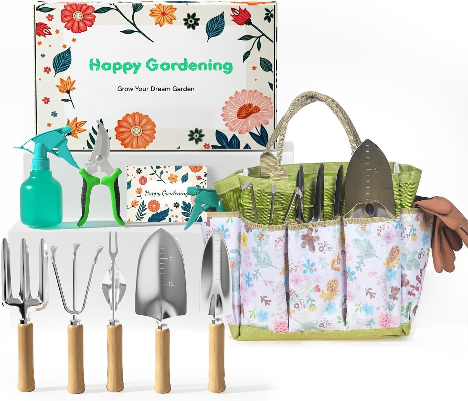 9-Piece Garden Tool Set - Heavy Duty Gardening Hand Tools with Ergonomic Non-Slip Grips, Rust-Resistant Shovel, Trowel, Rake, Pruner & Storage Bag - Ideal Gardening Gifts for Women