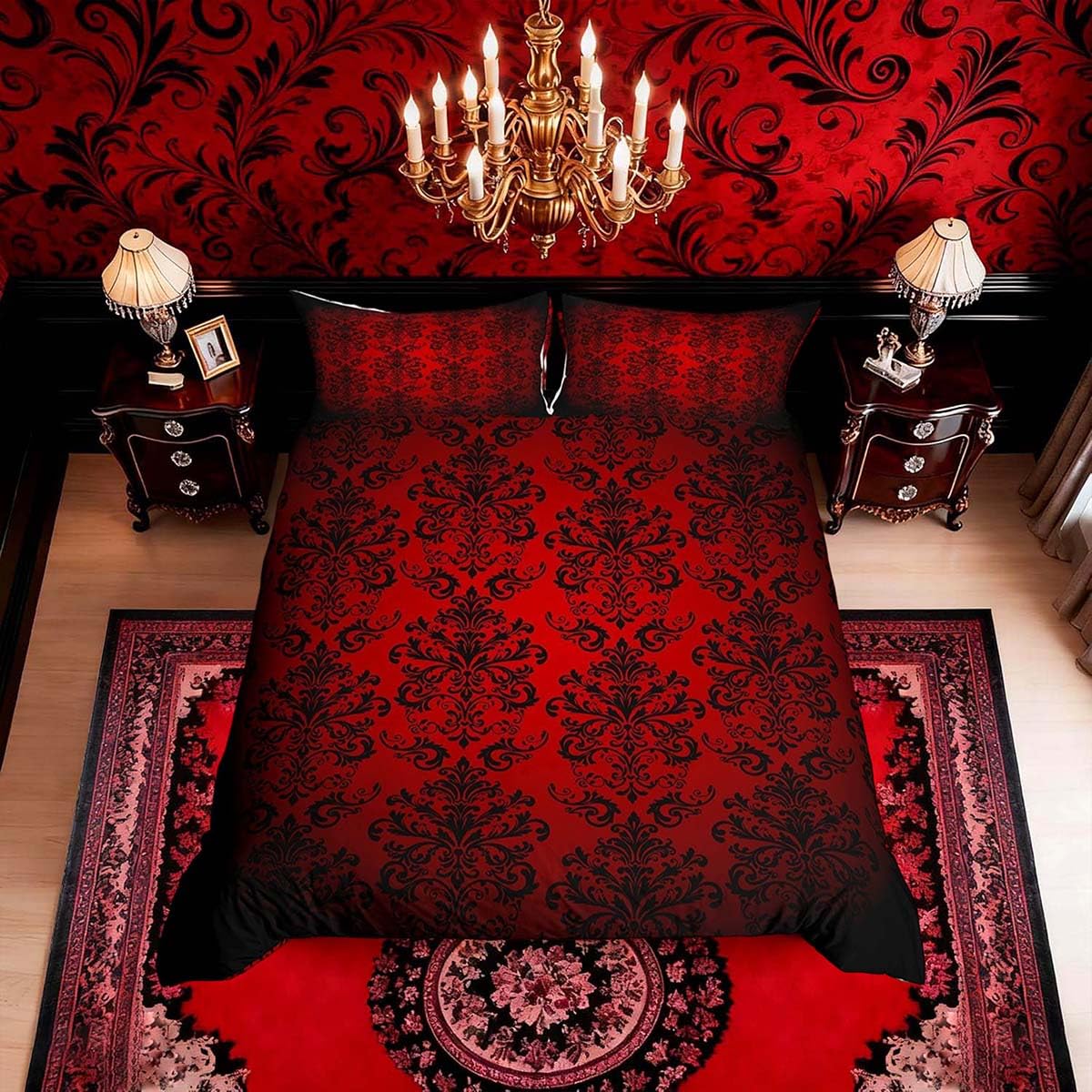 Homemissing Red Black Vintage Damask Floral Duvet Cover Set Super King Size For Kids Boys Girls Gothic Bohemia Flower Bedding Set Oriental Antique Duvet Cover with 2 Pillowcases Luxury Bedding — image 1