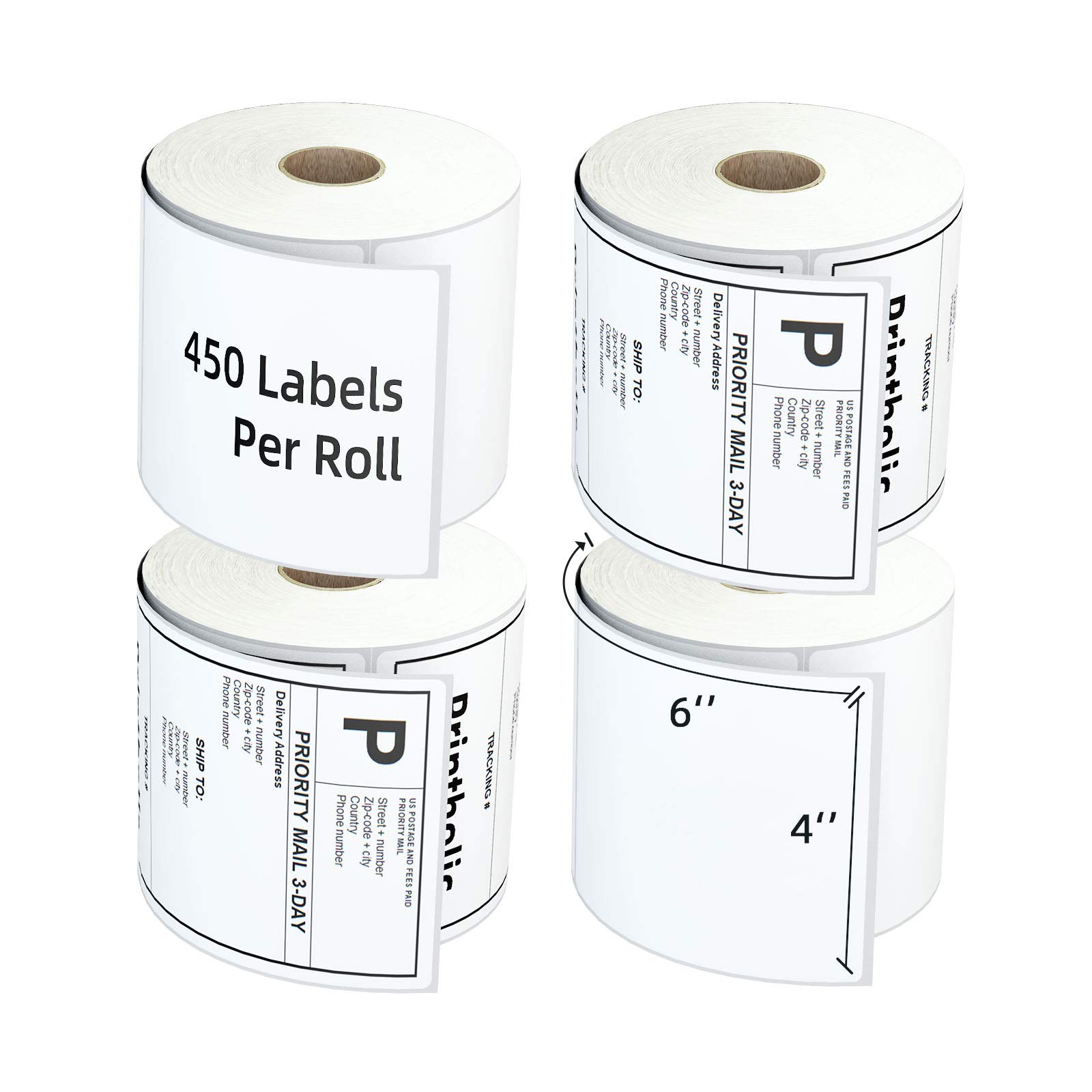 4 Rolls 4" x 6" Direct Thermal Shipping Label for Zebra 2844 ZP-450 ZP-500 ZP-505 Printers, Permanent Adhesive, Perforated Postage Label Paper - 450 Labels/Roll, 1" Core