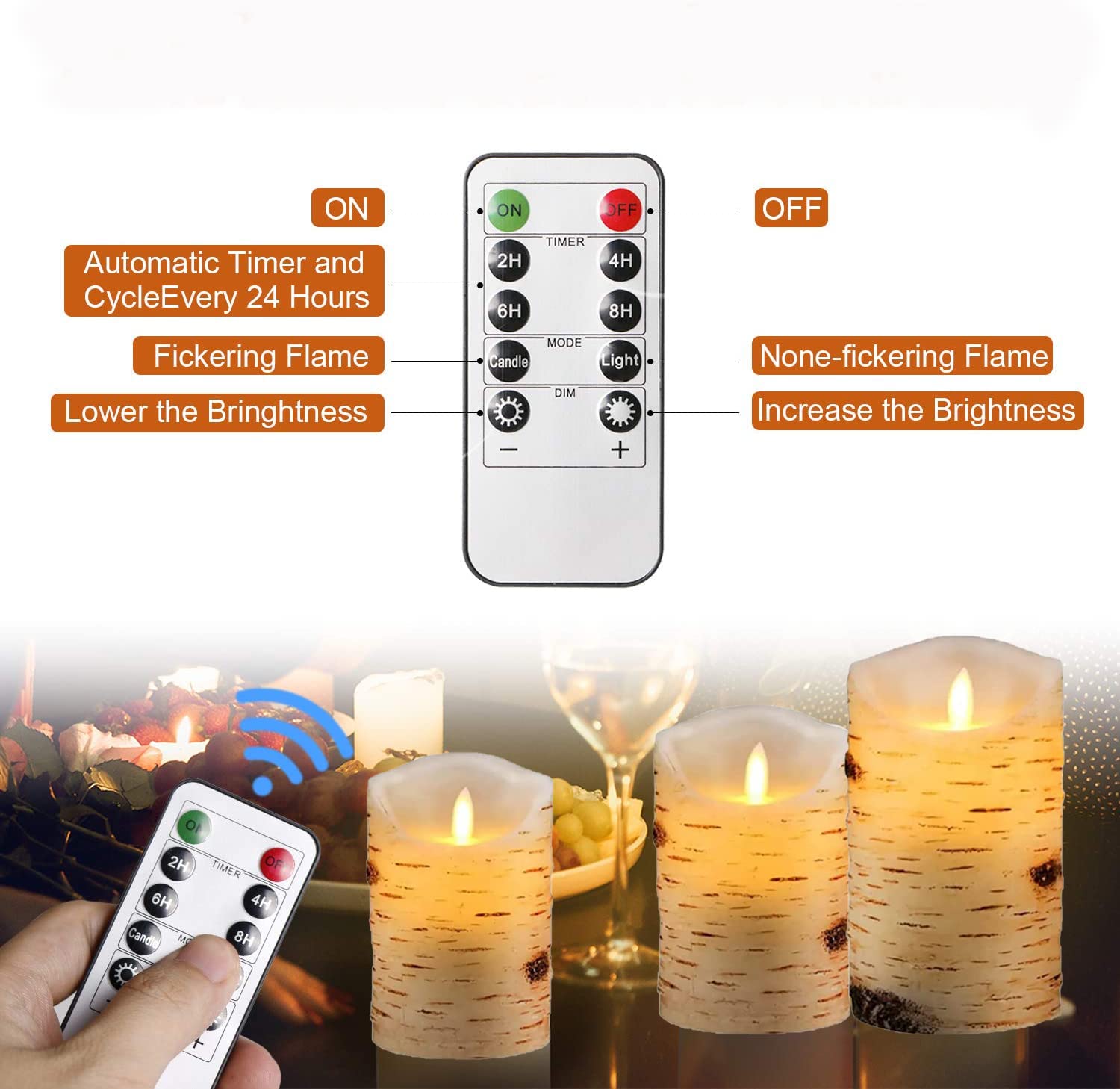 TEECOO Battery Operated Birch Bark Candle, Flameless Flickering Birch Candles Set of 3 (H:4" 5" 6") Real Wax Pillar Battery Powered LED Birch Candles with Remote Control Timer for Home Decoration