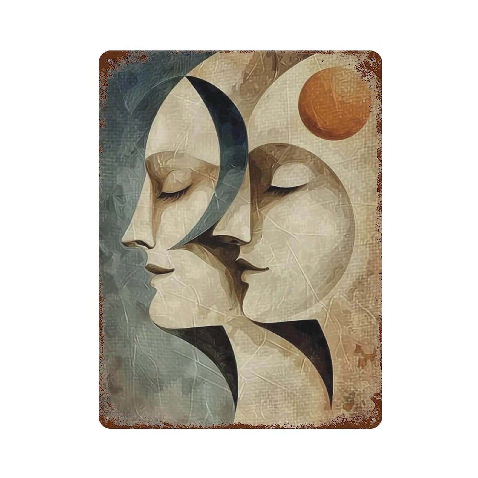 MGHTGRWE Earth Tone Curved Fragmented Twin Devotional Profiles 02 Poster Wall Art Iron Vintage Metal Tin Sign Modern Home Cofffee Club Art Bar Shop Decor 40x30cm
