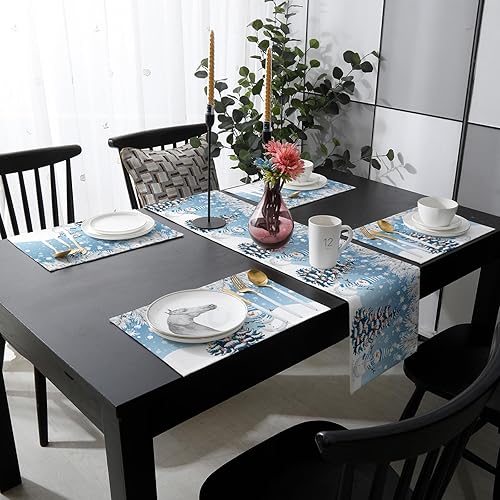 Miniatura 3 de Juego de 6 manteles individuales de muñeco de nieve de Navidad, juego de 6, manteles largos de lino y algodón para cocina, comedor, 13 x 90