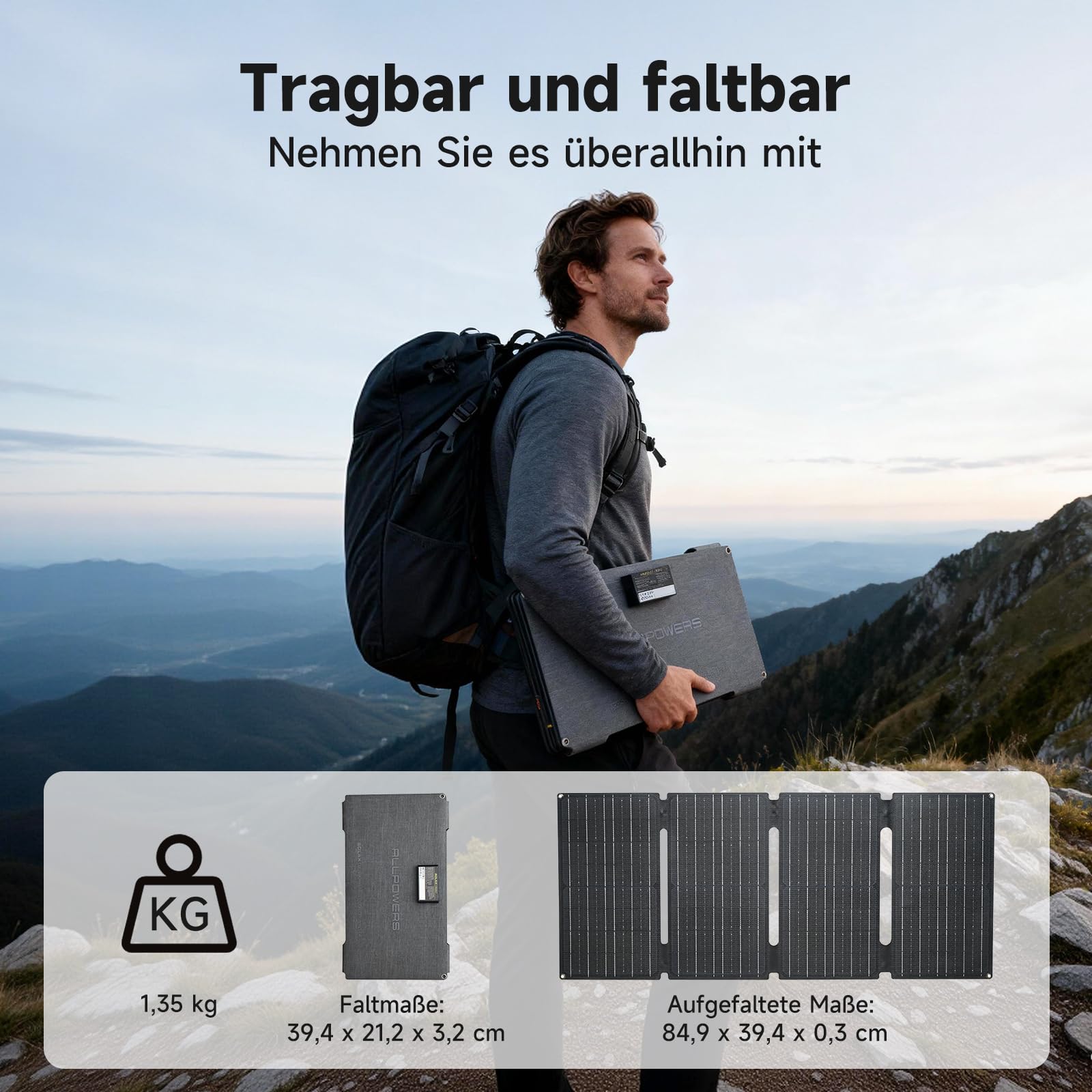 ALLPOWERS SE60 Panneau solaire pliable 60 W avec 3 ports (USB-C+USB-A+DC), chargeur solaire portable étanche IP68 pour téléphone portable, panneau solaire en plein air pour smartphone, batterie
