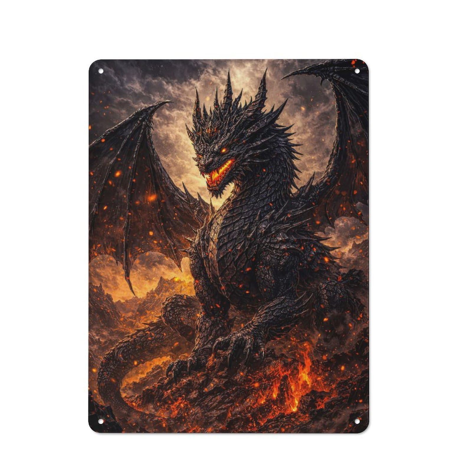 Black Dragon in Fiery Landscape Outdoor Room Metal Wall Decor 40x30cm, Rustic Tin Sign for Shed, Garden Room, Porch Or Garage