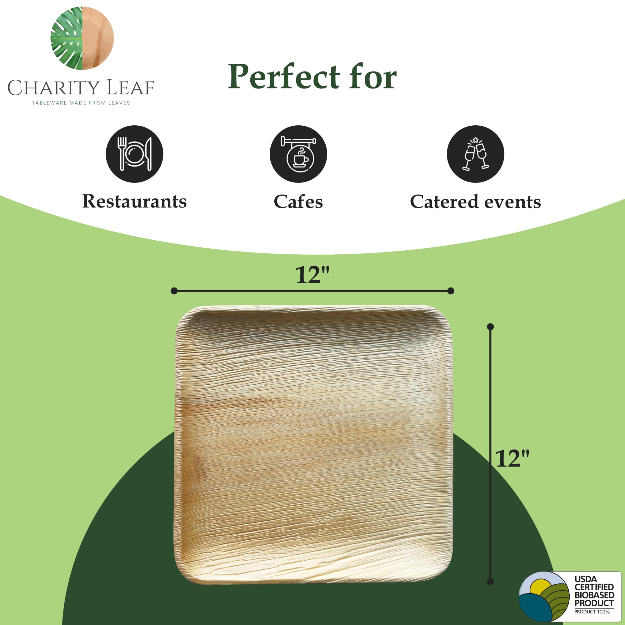Charity Leaf Platos cuadrados desechables de hoja de palma de 12 pulgadas (25 piezas) de bambú como platos para servir, tablas desechables, vajilla ecológica para bodas, catering, eventos