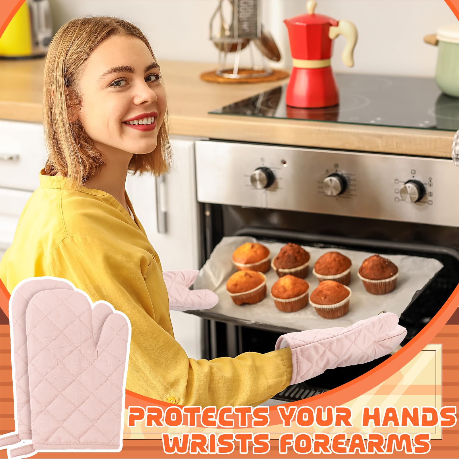 6 paia di guanti da forno resistenti al calore, guanti da cucina da forno lunghi 27,9 cm, in cotone e poliestere trapuntato, guanti da cucina per cucinare, cuocere, grigliare barbecue (frappè)