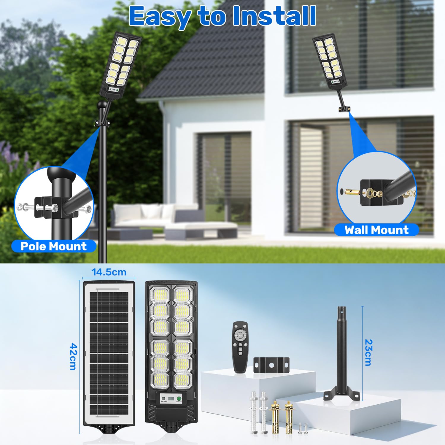 Solar Straßenlaterne für Außen, 6500K 528 LEDs Solarleuchte mit Bewegungsmelder, Wasserdicht Solarlampen für Außen Solar Strahler mit Fernbedienung, Solar-Straßenleuchten für Garten, 2 Stück