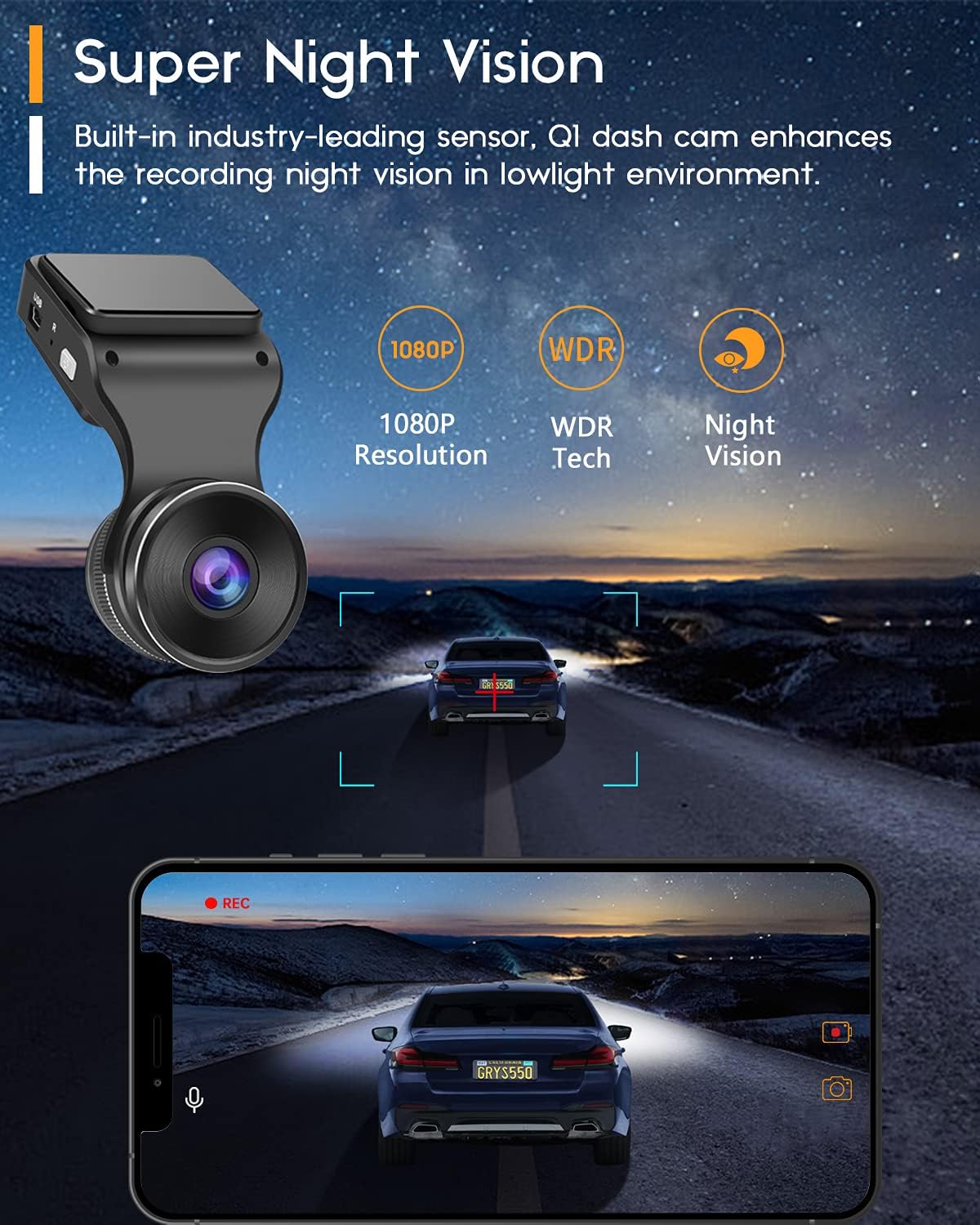 Image showing the dash cam and a smartphone displaying a clear night vision recording of a road with cars, highlighting Super Night Vision, 1080P Resolution, WDR Tech, and Night Vision features.