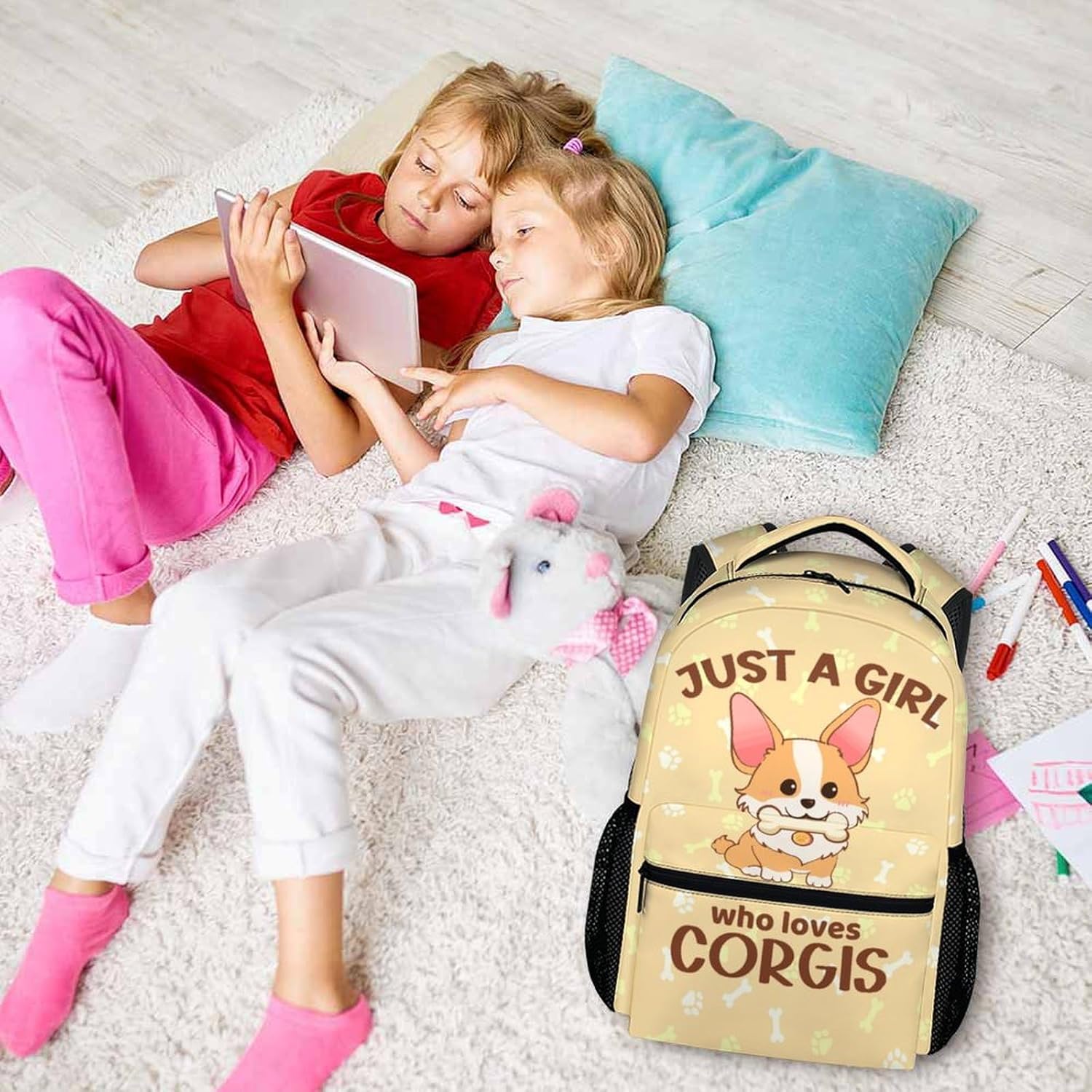 School Backpack for Kids - Corgi Backpack for Girls - 17" Cute Dogs Backpack - Yellow Large Capacity Lightweight Bookbag for Students Age 6-8
