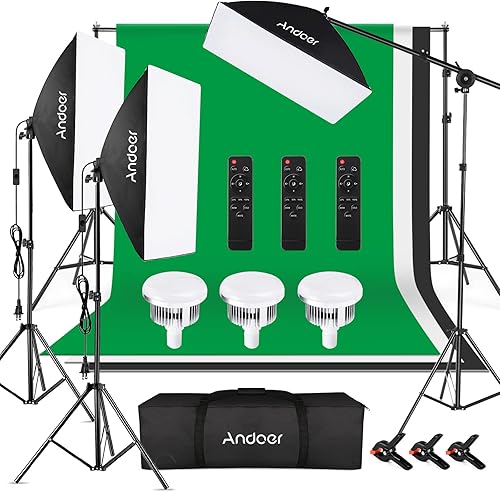Andoer Kit de iluminación fotográfica con fondos, caja de luz LED 2800K-5700K 85W, sistema de soporte de fondo de 6.5 x 10 pies, kit de iluminación