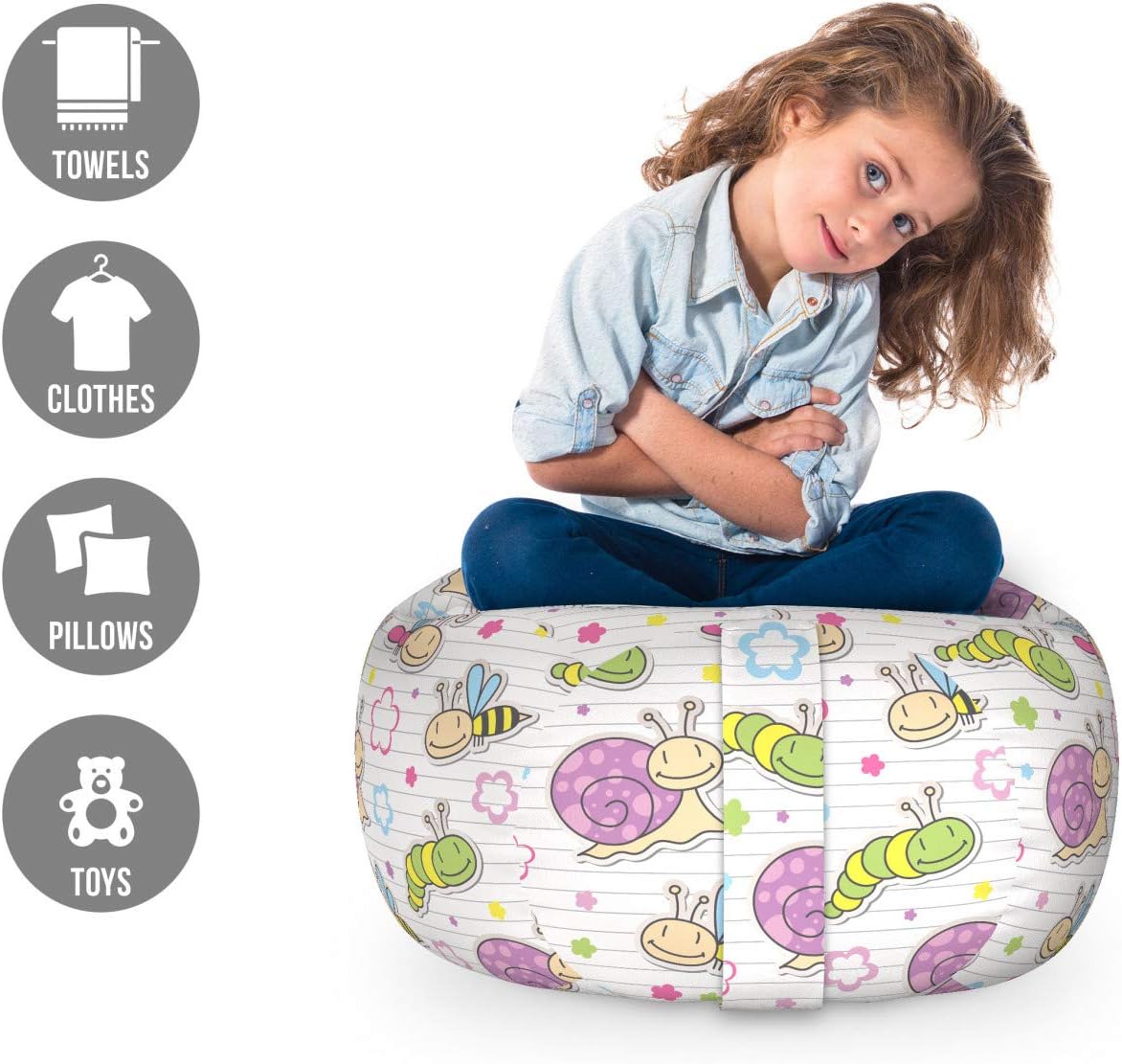 Ambesonne Cartoon Storage Toy Bag Chair, Caterpillar Dragonfly Bees Flowers Joyful Summer Themed Print on Striped Back, Stuffed Animal Organizer Washable Bag, Small Size, Multicolor