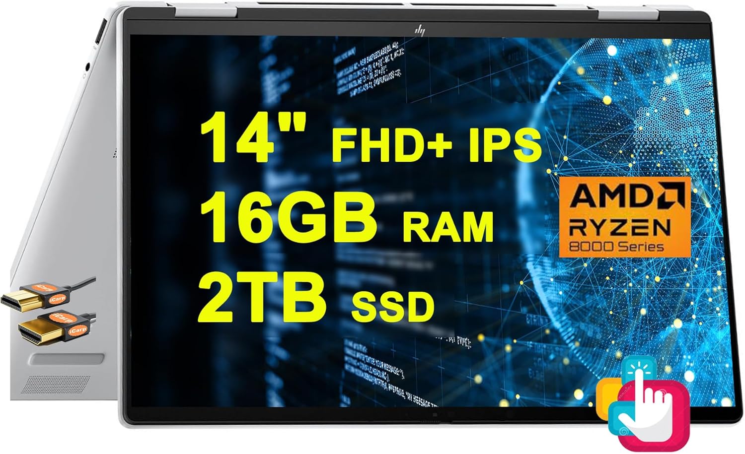 HP Envy x360 2-in-1 Copilot AI PC Laptop 14" FHD+ Touch AMD Zen 4 8-core Ryzen 7 8840HS (>i7-1355U) 16GB RAM 2TB SSD Backlit USB-C 5MP IR Camera w/Shutter Poly Studio Win11 w/ICP Accessory