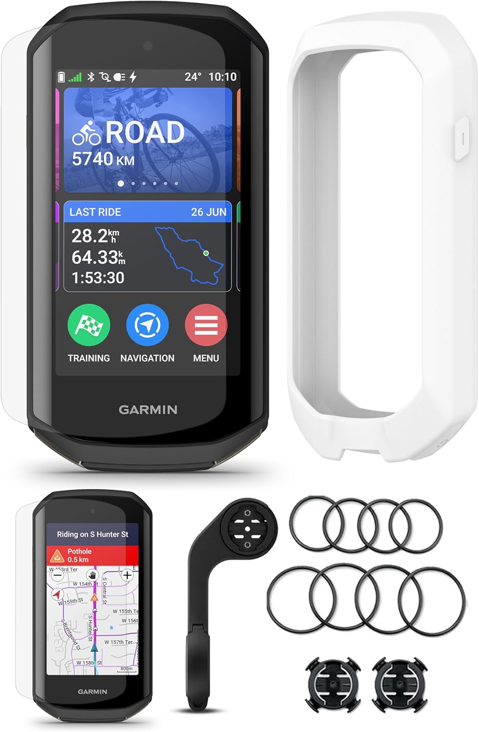 Garmin Edge 1050 Premium Cycling Computer Bundle - Color Touchscreen, Built-in Speaker, Training & Group Ride, Road Alerts with PlayBetter Silicone Case (White), Screen Protectors, Tether & More