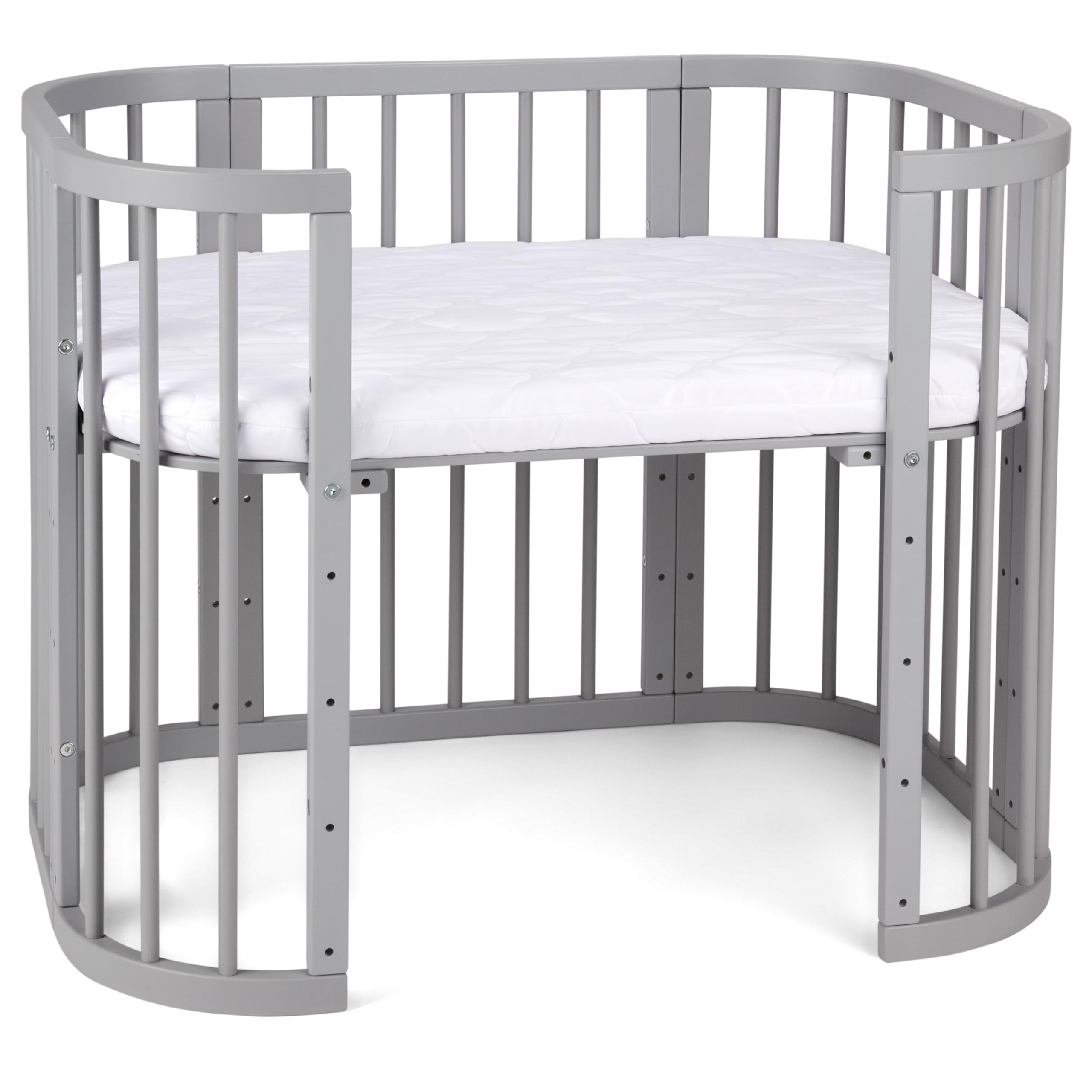 waldin Babybett 5in1, Beistellbett aus Holz, Matratze, Belüftet, Grau | Belüftet, Boden 5-fach verstellbar, Mitwachsend, Wiegefunktion optional