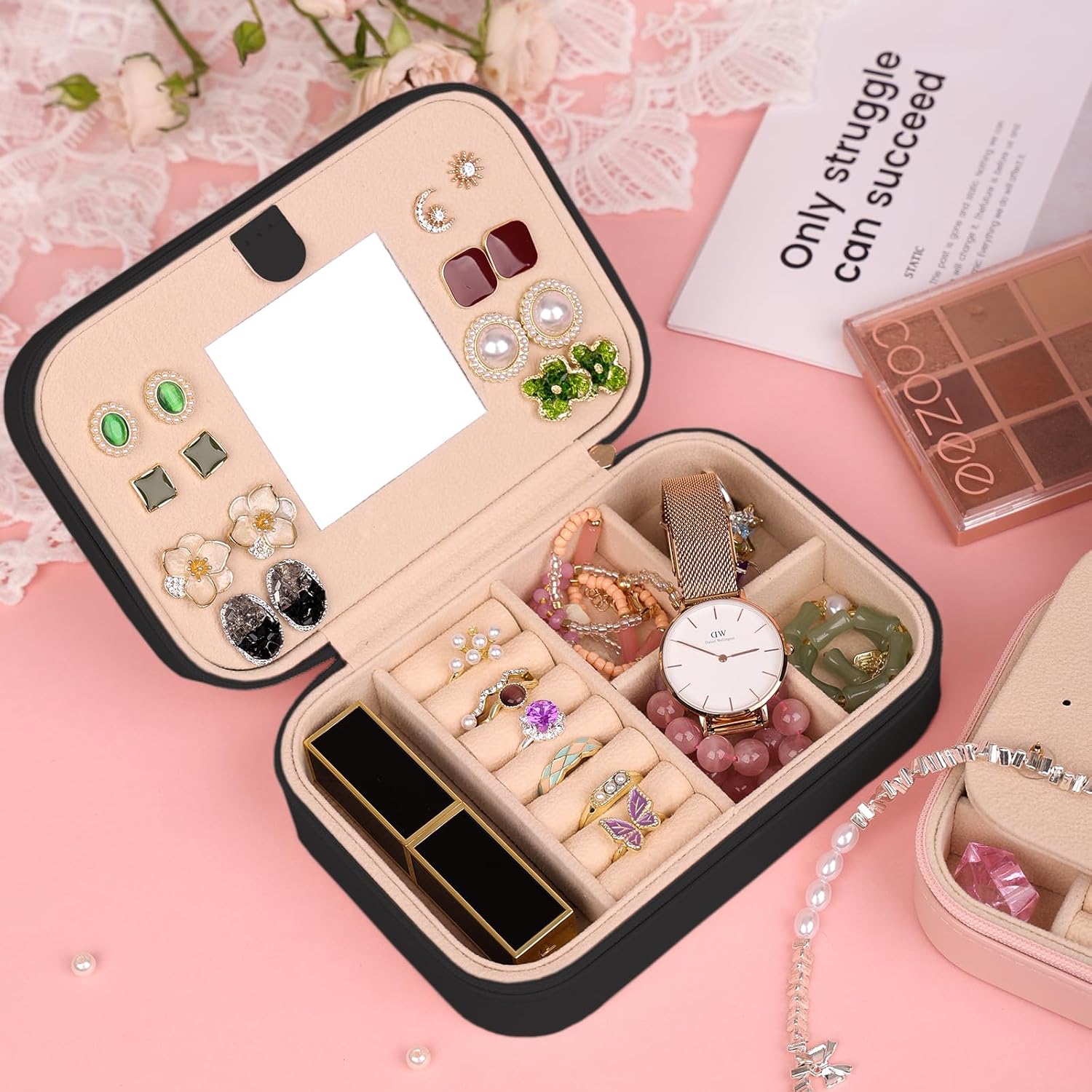 Travel Jewelry Case, Jewelry Box with Mirror, Jewelry Organizer Bridal Shower Gifts to Her, Earring Storage Travel Case, Trendy Gift for Women and Girls, Girlfriend-Letter P, Black image 4