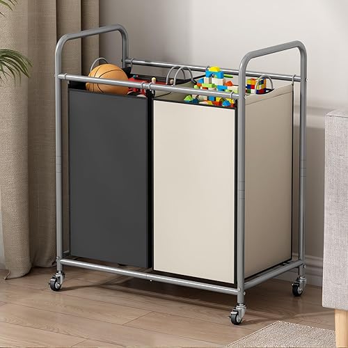 Miniatura 4 de Cesta clasificadora de ropa sucia, 2 bolsas con ruedas enrollables y bolsas extraíbles, carrito organizador de lavandería para almacenamiento de