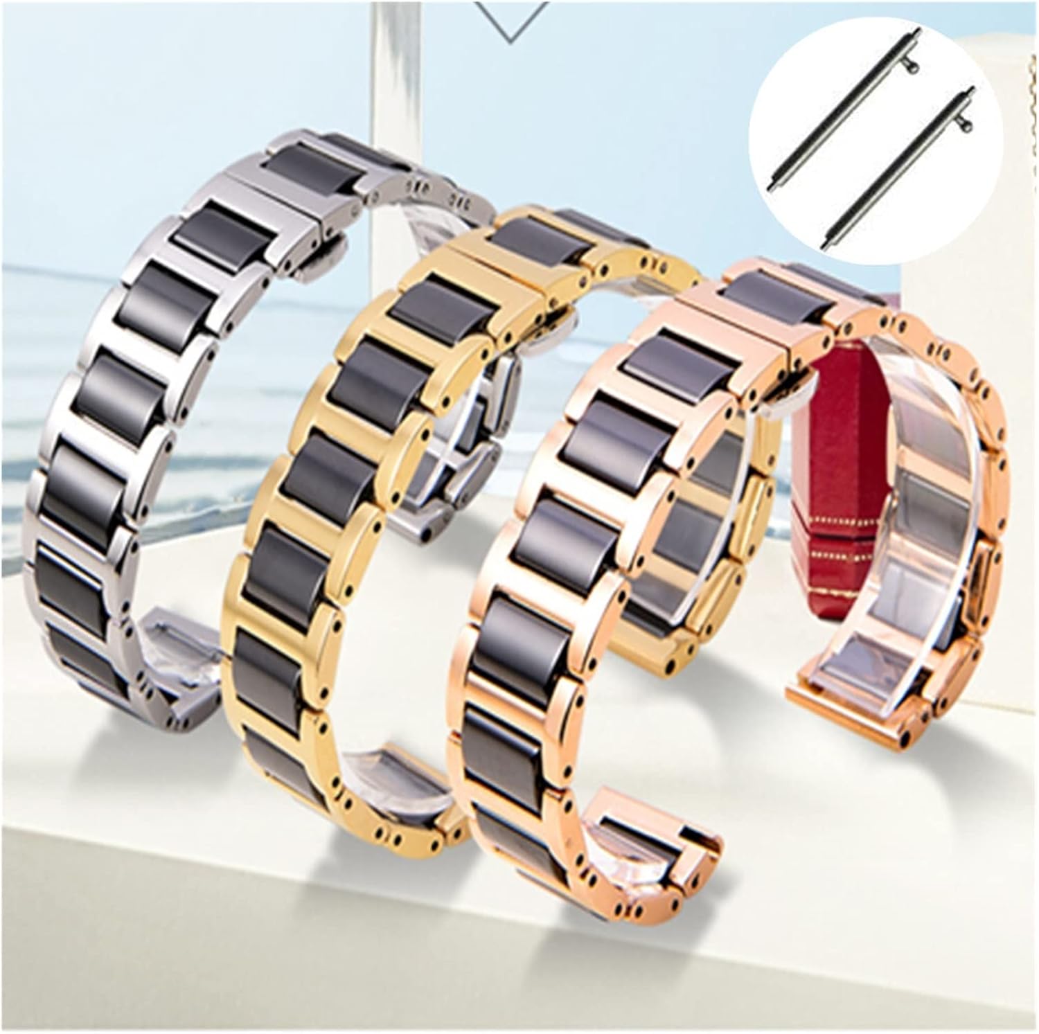 CAREG Ceramic Stainless Steel Watchband 22mm Compatible With Samsung Galaxy Watch 46mm SM-R800 Quick Release Strap Replacement Band Wrist Belt Durable(Gold and white)