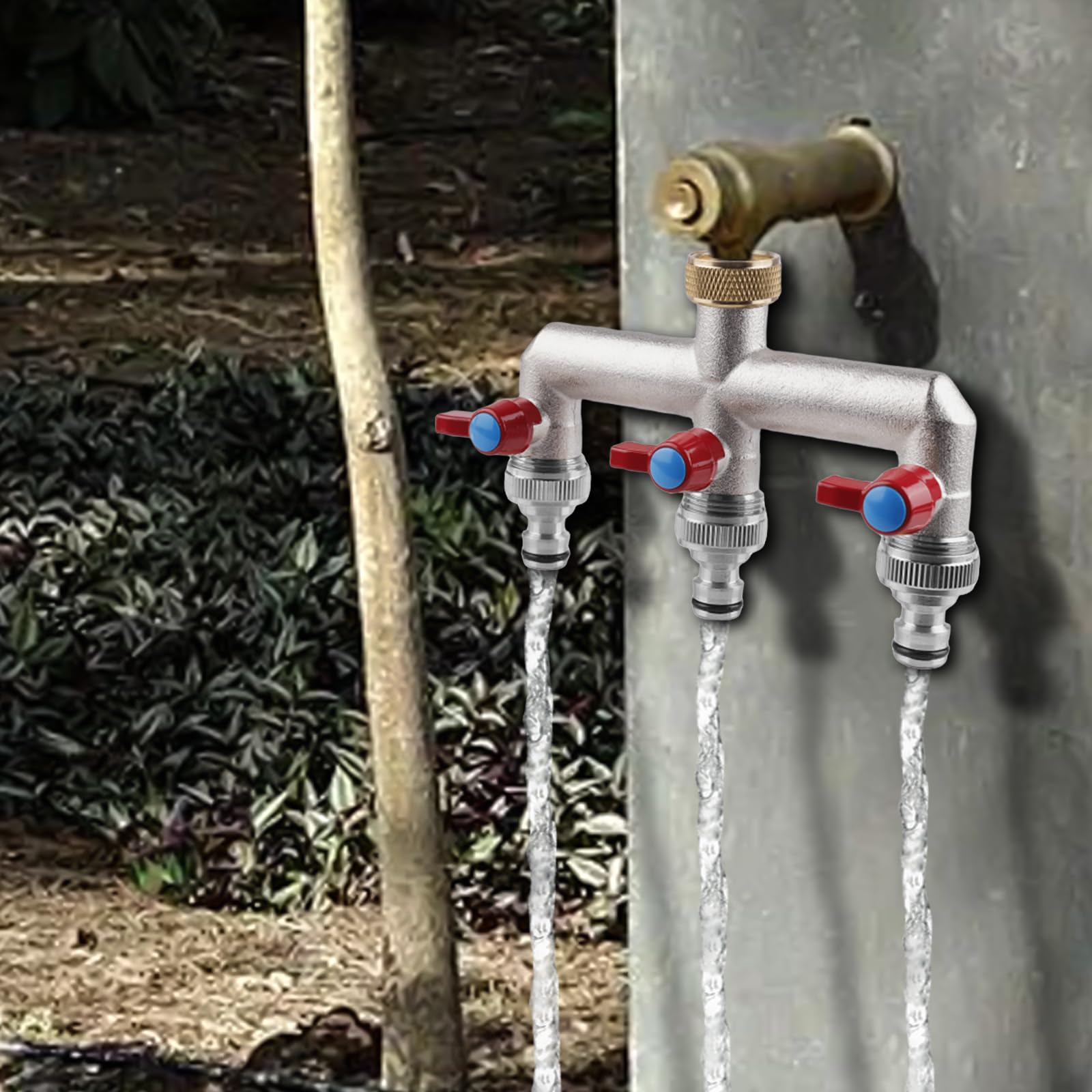 Distributore dell'acqua per rubinetto a 3 vie: distributore d'acqua da giardino in ottone per 3 adattatori per tubo da giardino, 3 distributori da 3/4", adattatore da 1/2", con valvola a sfera per la