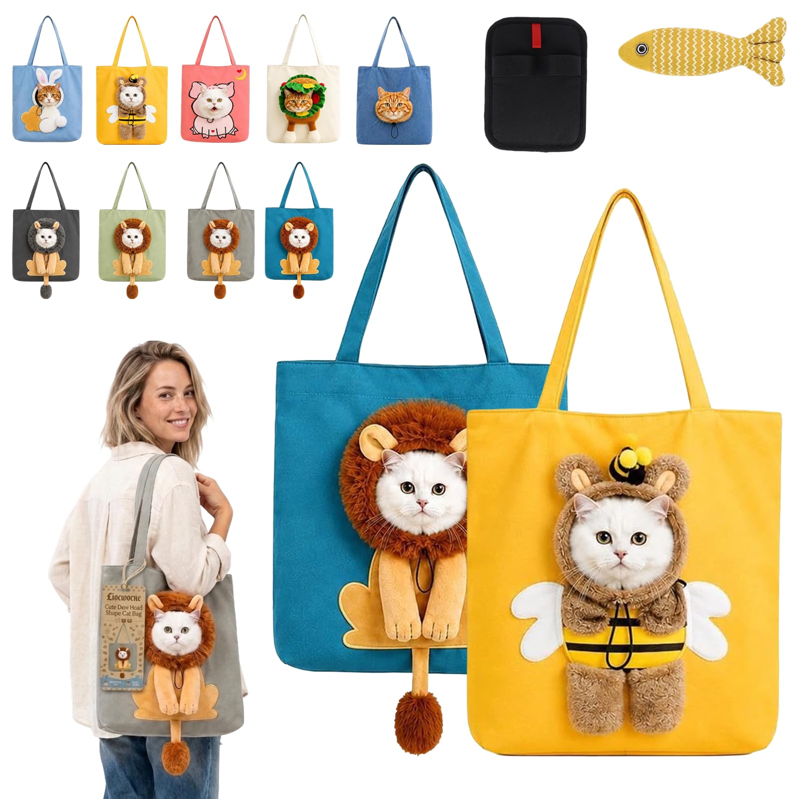 Cute Dew Head Shape Cat Bag, Canvas Pet Carrier for Travel (2PCS-C,L)