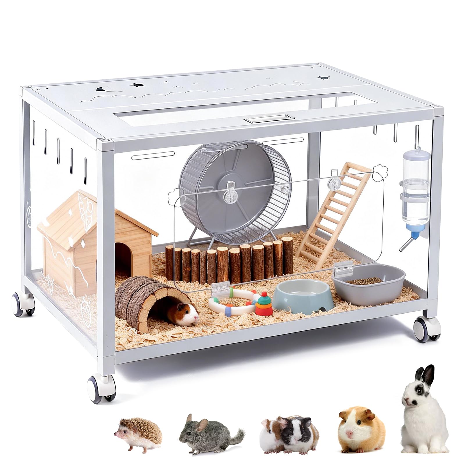 Grande gabbia per criceti in metallo, 80 x 50 x 55 cm, gabbia per roditori con ruote, stabile, bianca | Recinto per piccoli animali per conigli, criceti dorati, rimovibile, trasparente, facile da pulire