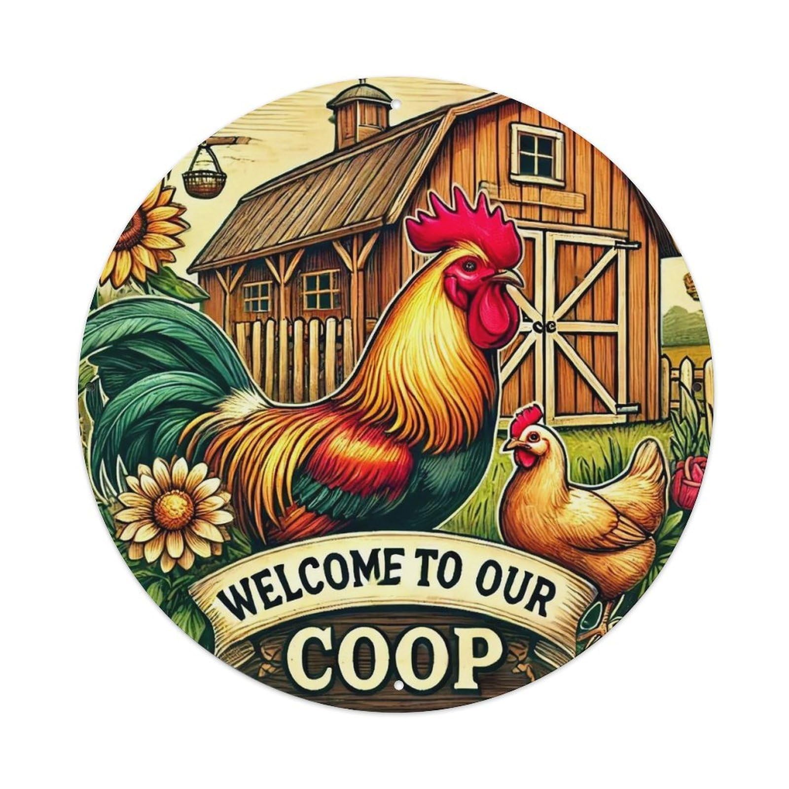 Rooster Hen Barn Sunflower Coop Round Tin Sign Vintage Metal Sign Home Bar Garden Indoor & Outdoor Wall Decor Retro Metal Poster 8x8 Inch