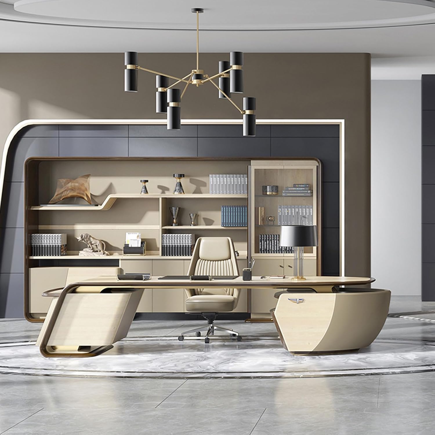 141.7" L-Shaped Executive Desk, Large Office Desk with Drawers, Corner Computer Desk with Power Outlet Led Strip Home Office Desks Drawer Workstation