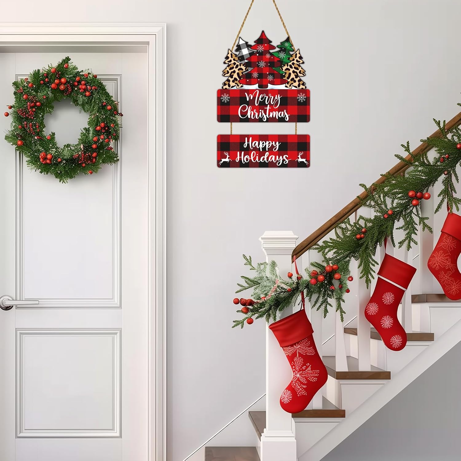 Christmas Decorations Indoor Door Decorations Buffalo Plaid Tree Wall Decor Merry Christmas Sign Wooden Front Door Hanger Happy Holidays Sign for Porch Wall Indoor Home Decor