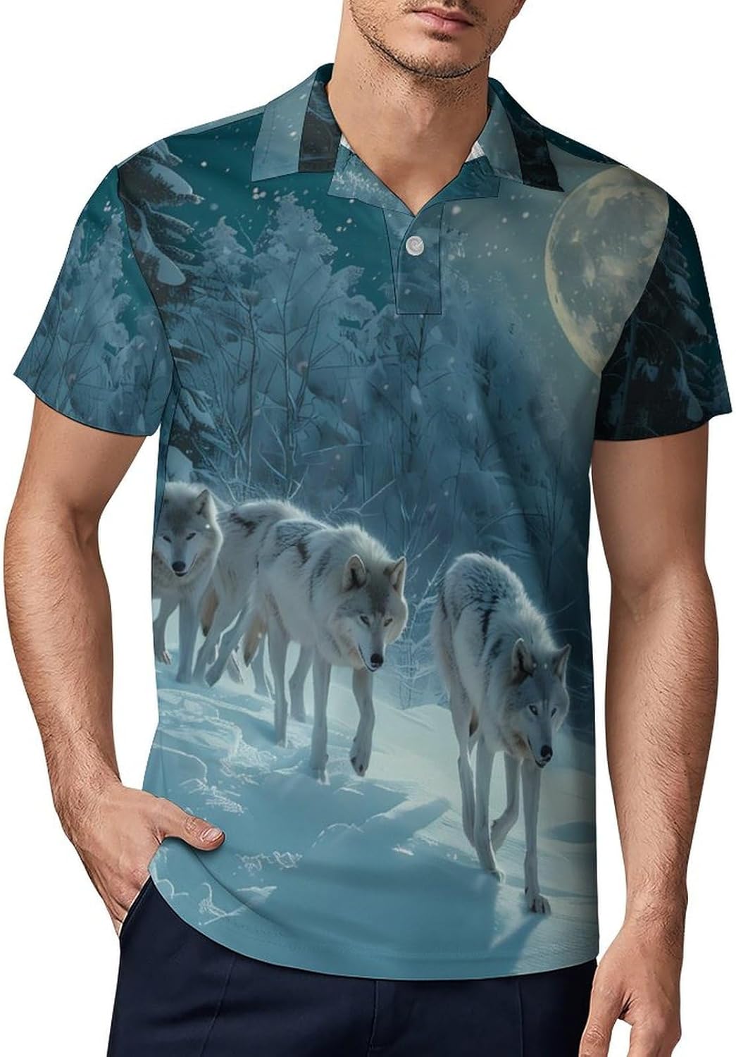 Wolves in The Moonlight Novelty Men's Short Sleeve Shirt Golf Tennis Shirts Work T-Shirt Sport Tee