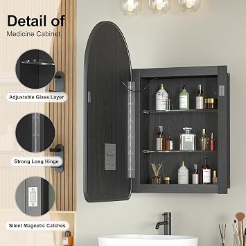 Arched Bathroom Mirror Cabinets,Led Bathroom Cabinets with Light | Brushed Black Mirrored Cabinet,Touch Control,Memory Lighted,3 Color,Adjustable Glass Shelves,Recessed & Wall Mounted,42x68