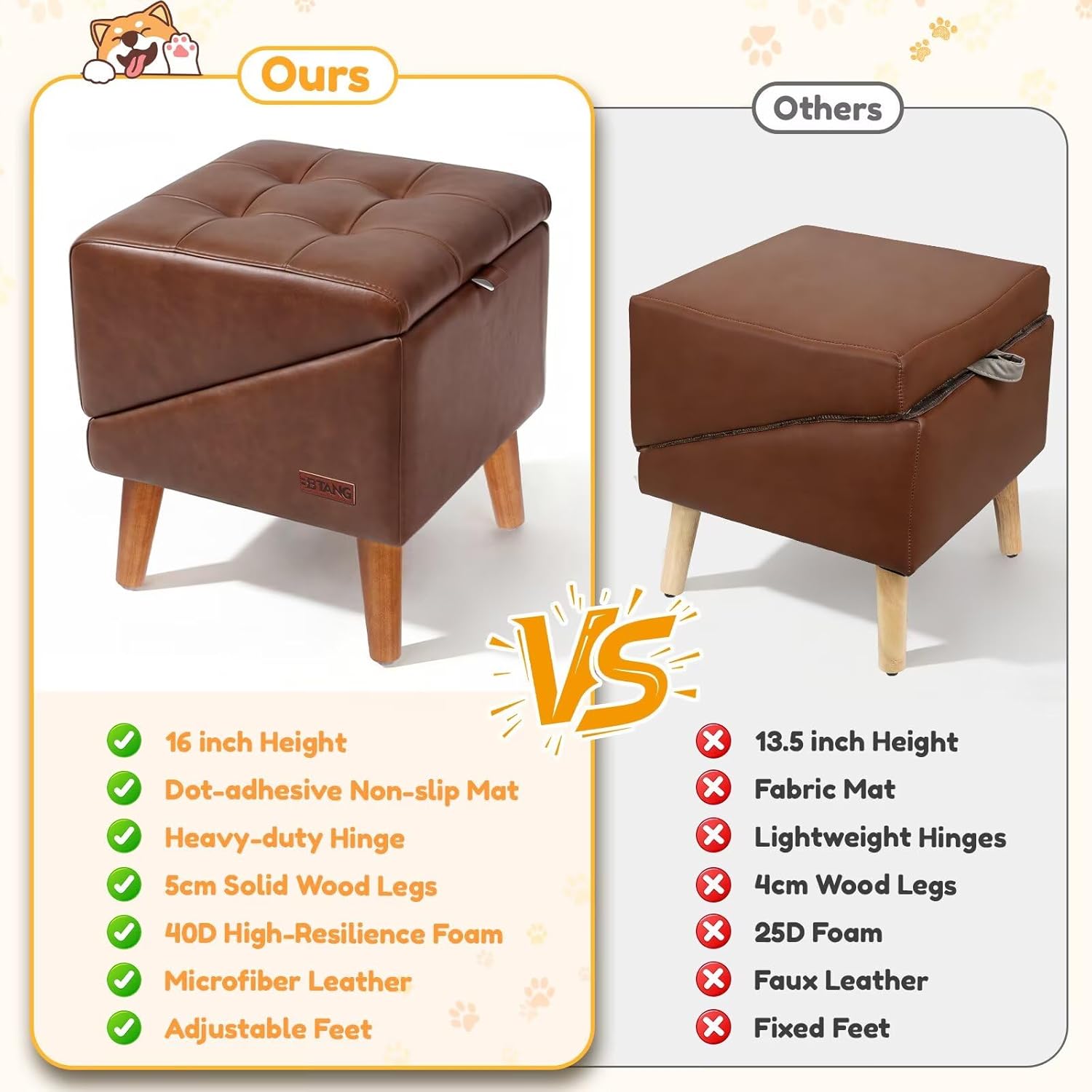 Dog Stairs for Small Dogs 16" H - Upgraded Non-Slip Dog Ramp for Couch, Foldable 2-in-1 Pet Ramp and Ottoman, Pet Stairs for Puppy, Pet Steps with Solid Wood Frame (Brown)