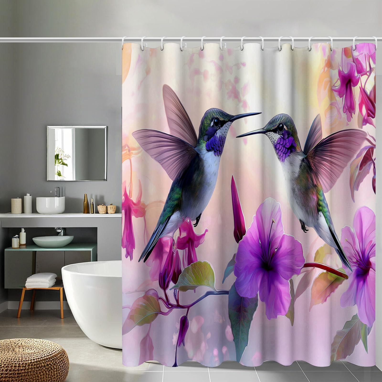 Rideau de douche colibri et fleurs 180x180 cm en tissu violet